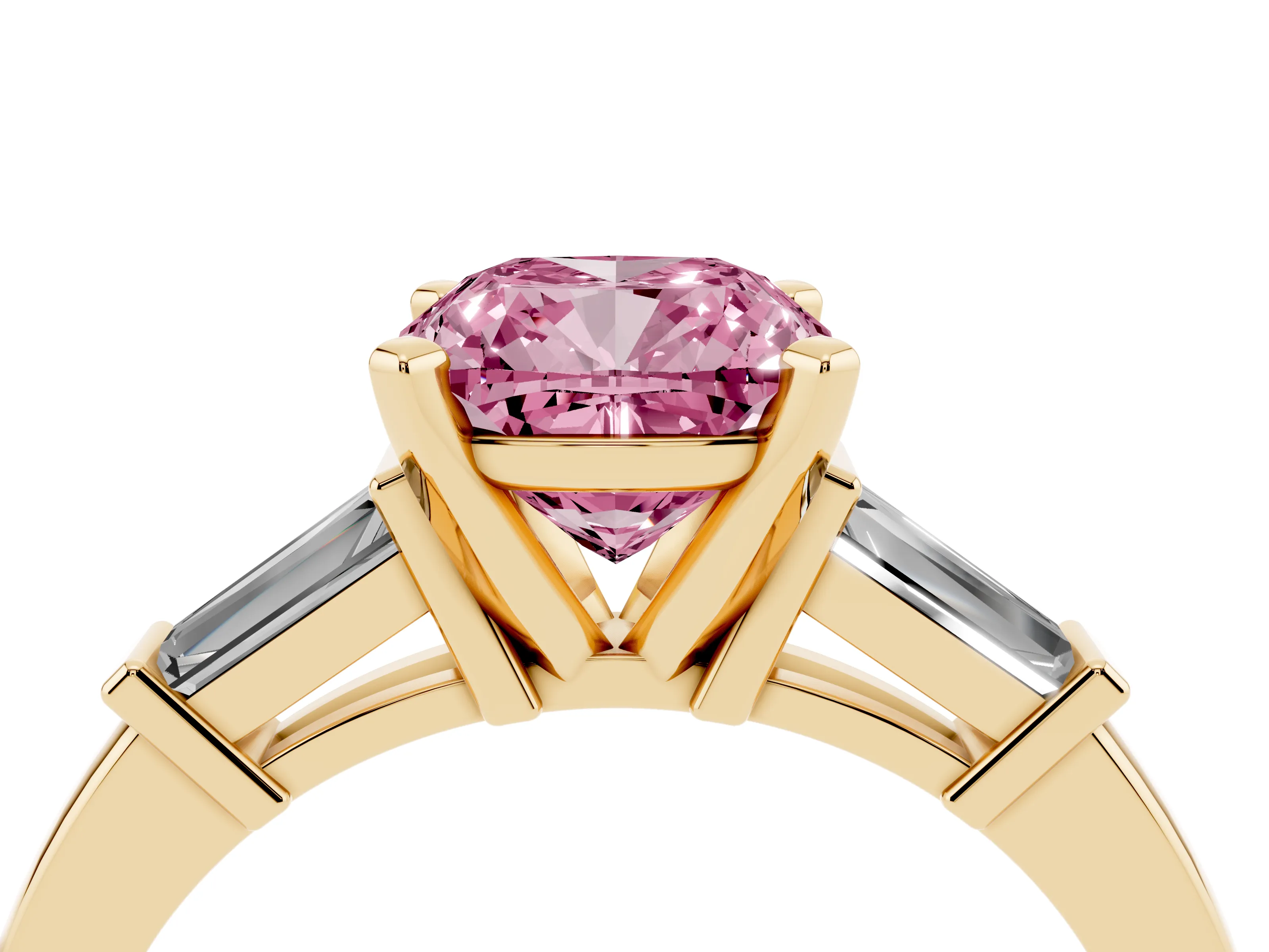 Fancy Pink Cushion Cut Diamond Solitaire Ring Set in Yellow gold with Tapered Baguette Accents and Prong Setting