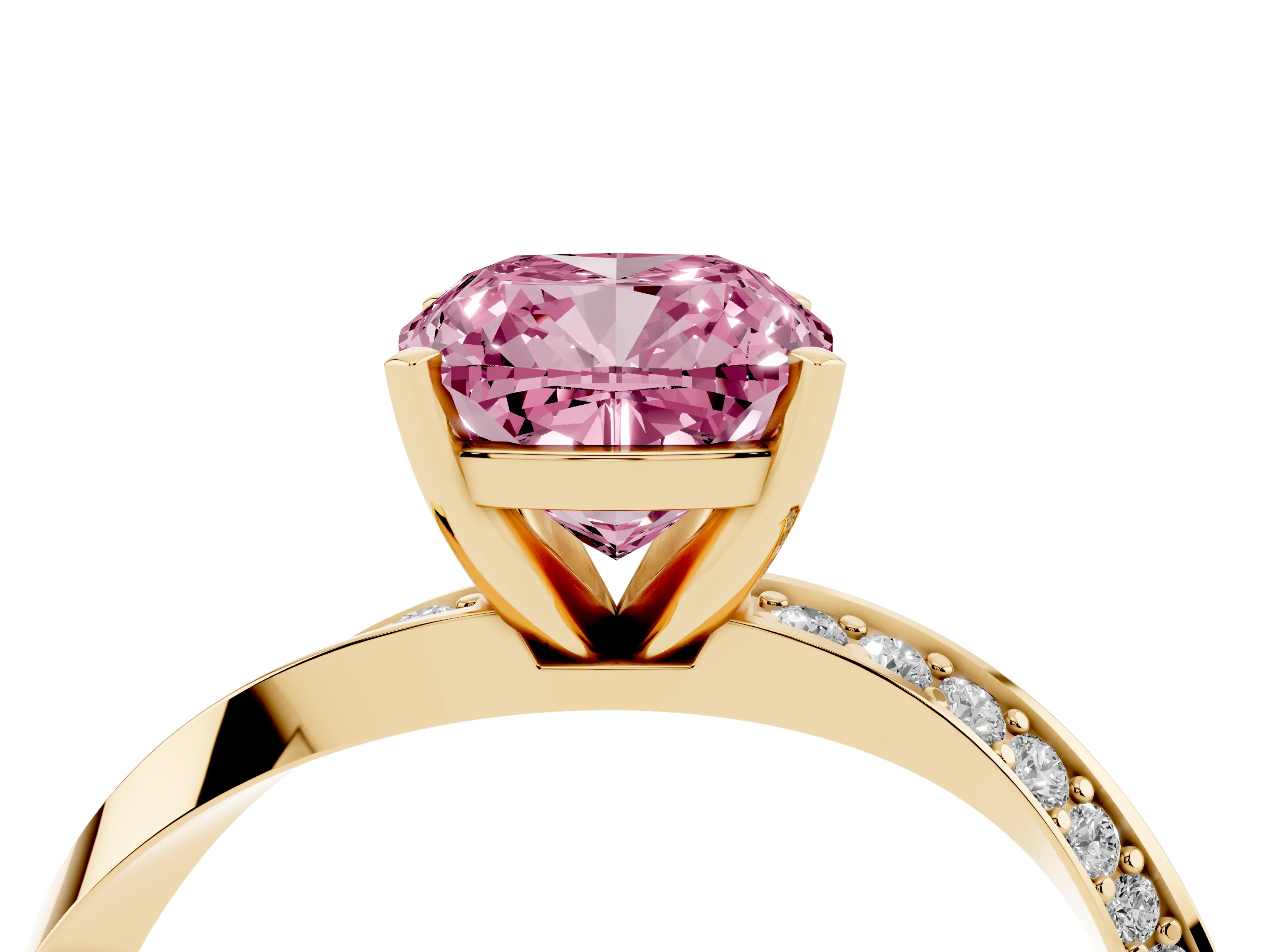 Fancy Pink Cushion Cut Diamond Engagement Ring Set in Yellow gold with Side Stone Accents and Prong Setting