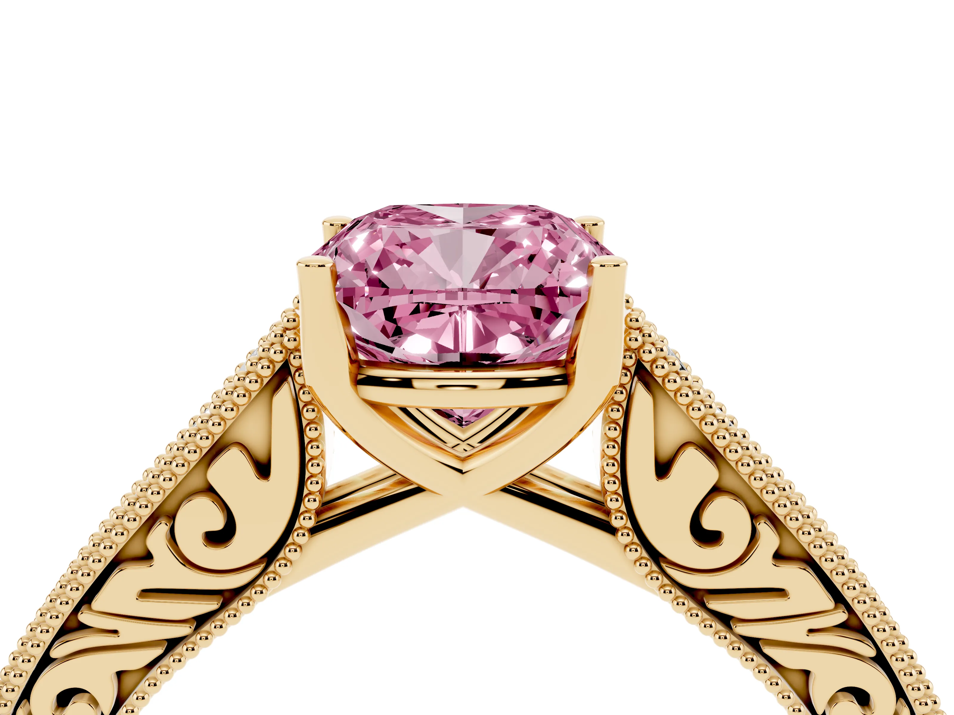 Fancy Pink Cushion Cut Diamond Milgrain Pavé Band Solitaire Ring Set in Yellow gold with Prong Setting