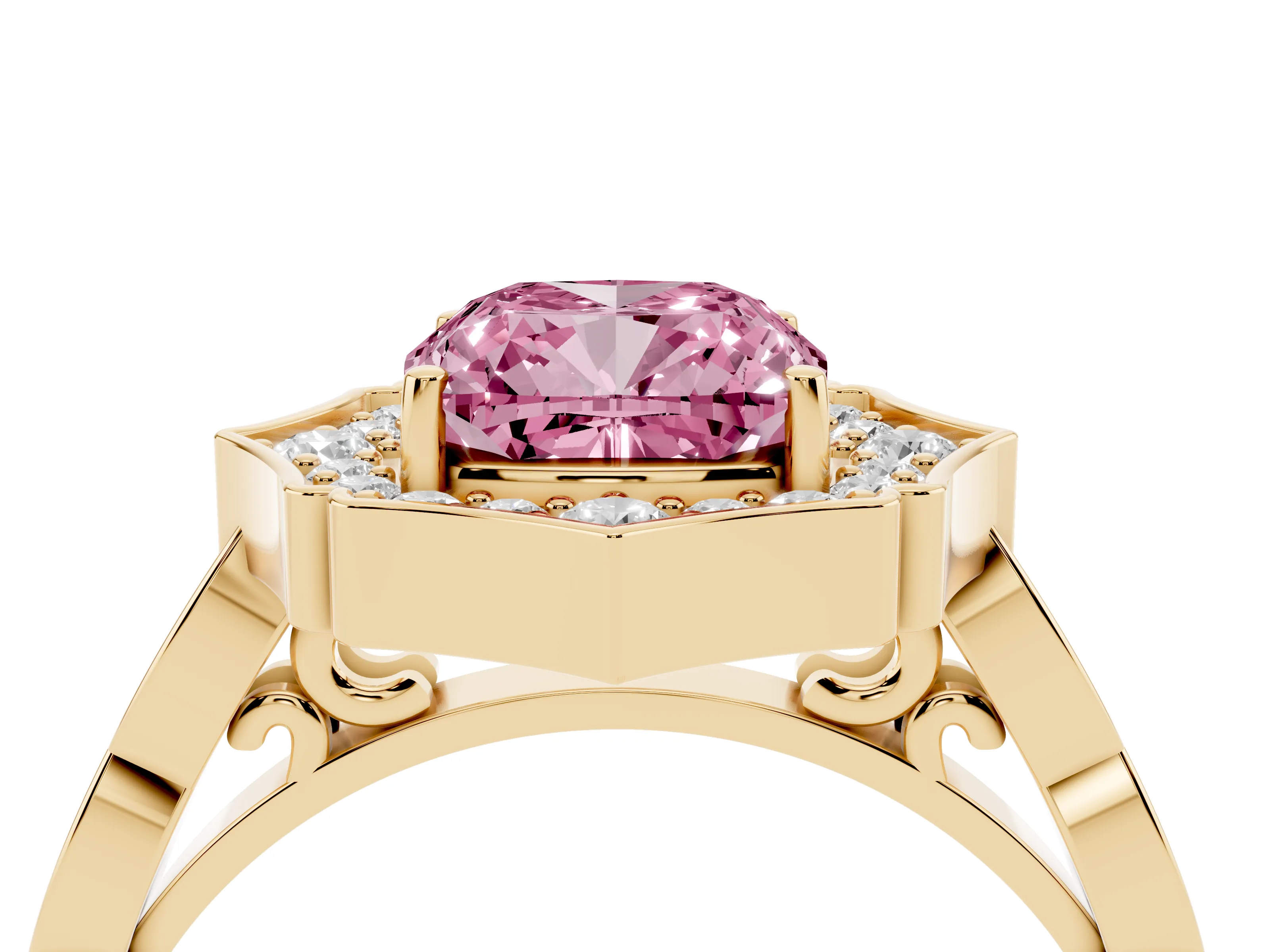 Fancy Pink Cushion Cut Diamond Halo Engagement Ring Set in Yellow gold with Milgrain Band and Prong Setting