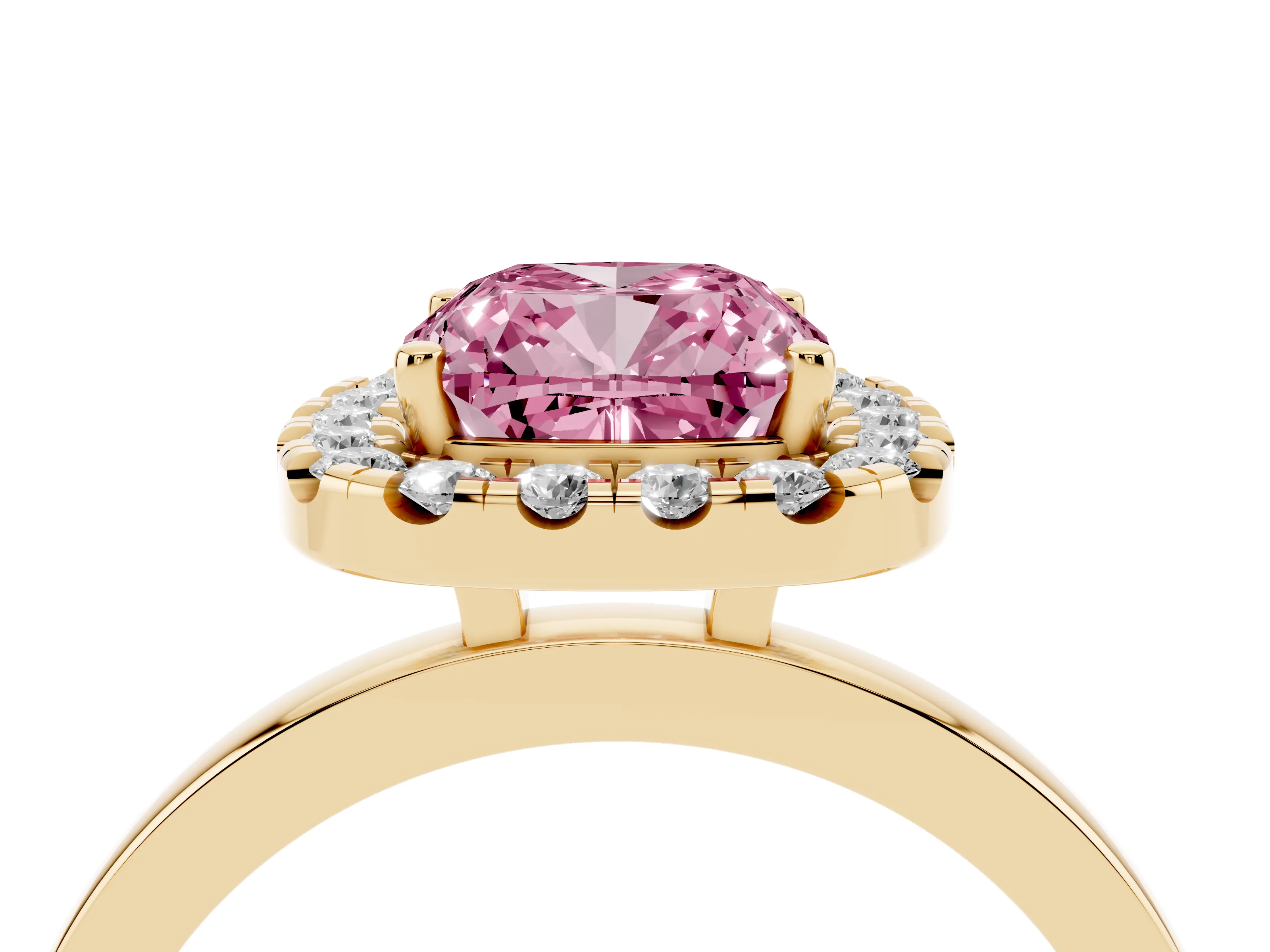 Fancy Pink Cushion Cut Diamond Halo Solitaire Ring Set in Yellow gold with Pavé Band and Prong Setting