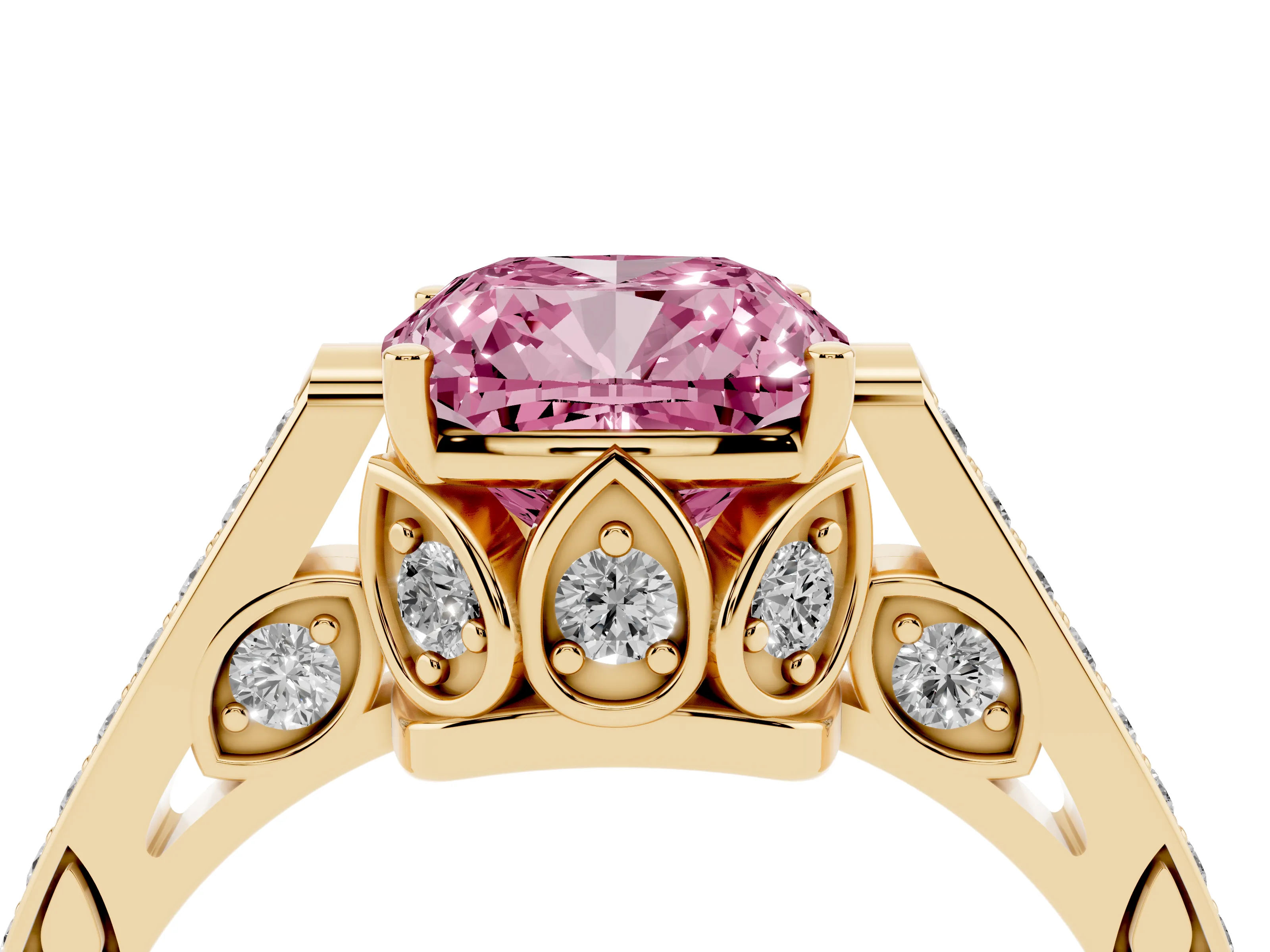 Fancy Pink Cushion Cut Diamond Cathedral Pavé Engagement Ring Set in Yellow gold with Prong Setting