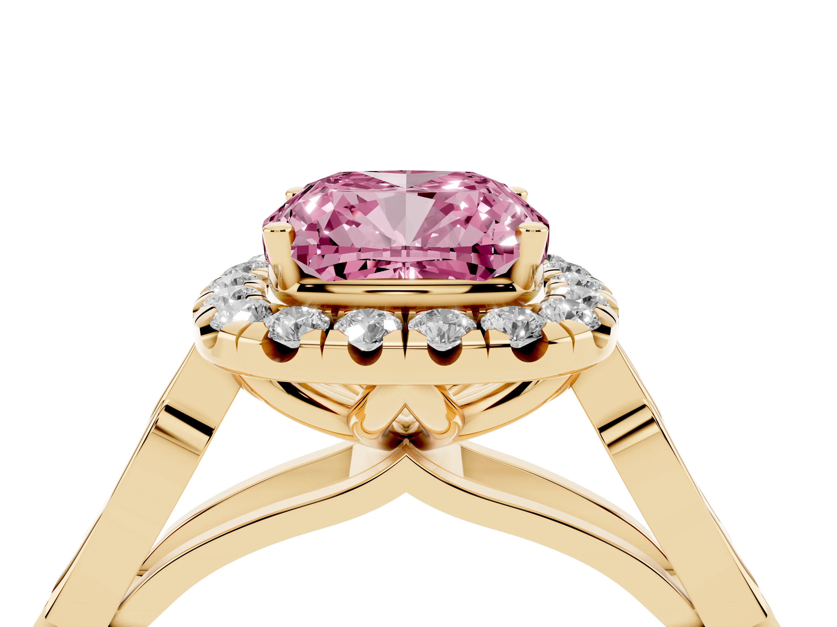Fancy Pink Cushion Cut Diamond Halo Engagement Ring Set in Yellow gold with Filigree Band and Prong-Set Center