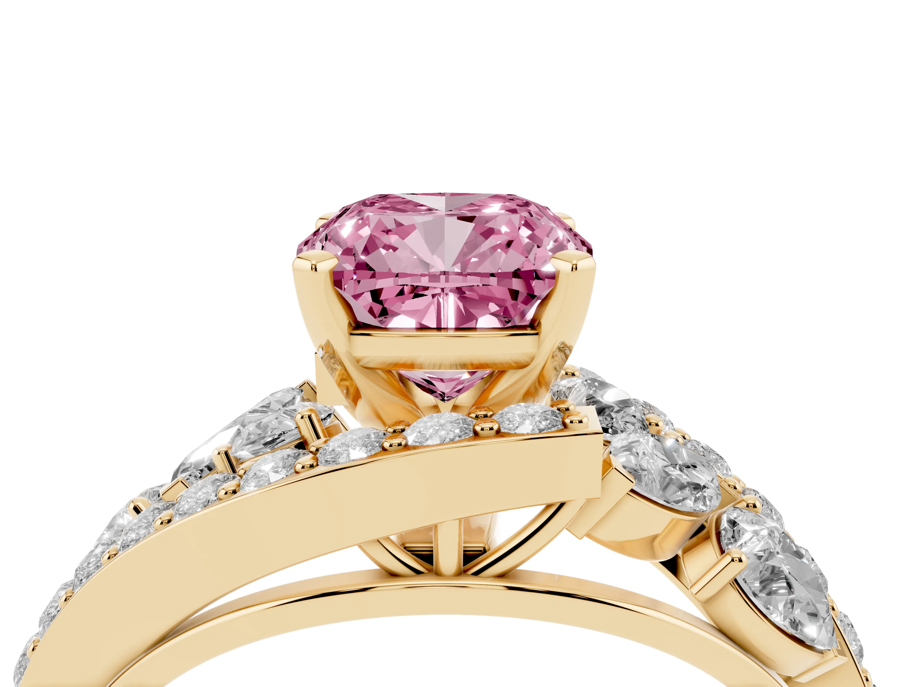 Fancy Pink Cushion Cut Diamond Halo Ring Set in Yellow gold with Marquise and Pavé Band in Prong Setting