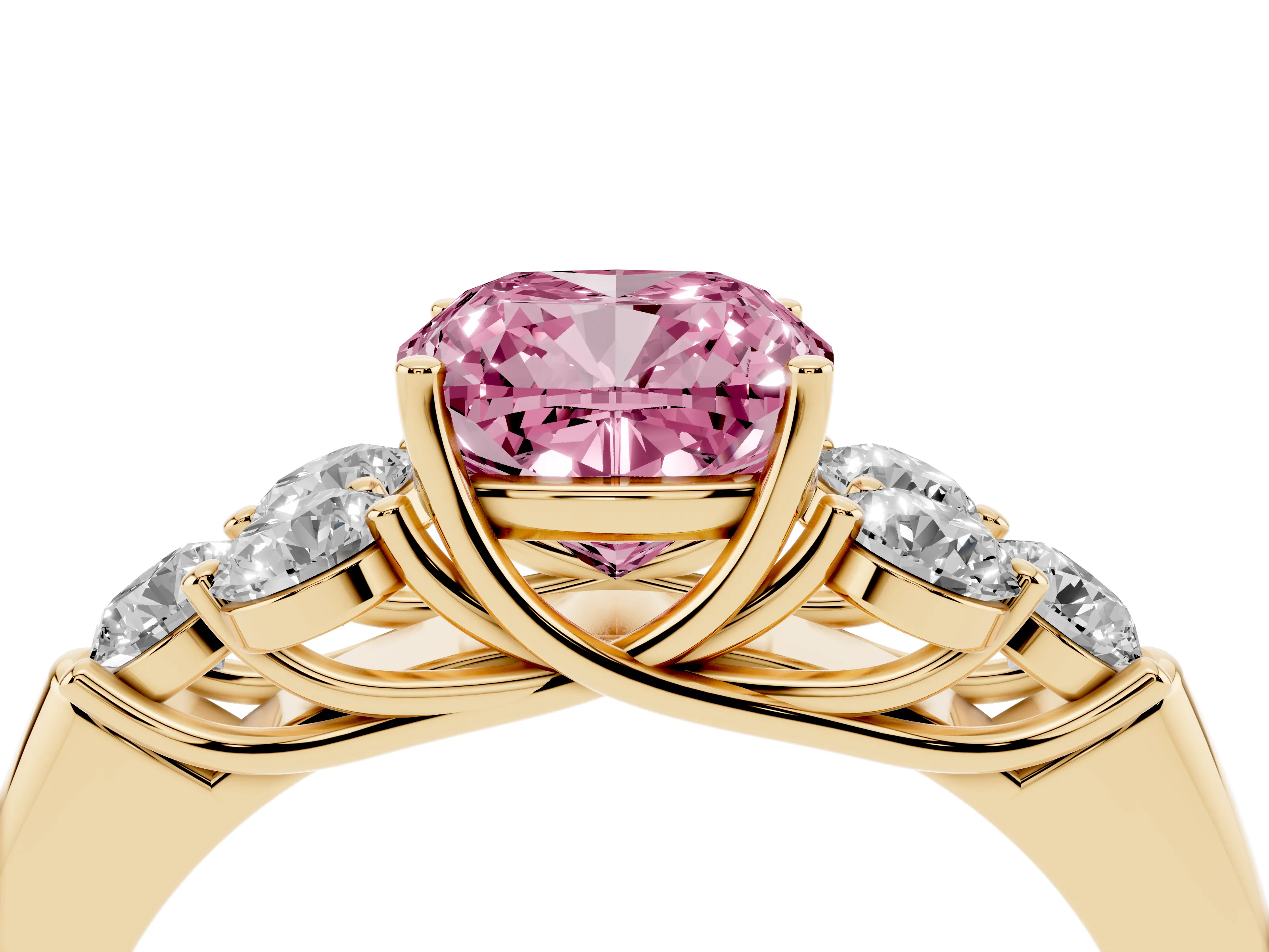 Fancy Pink Cushion Cut Diamond Cluster Ring Set in Yellow gold with Round Accent Stones and Prong Setting on a Plain Band
