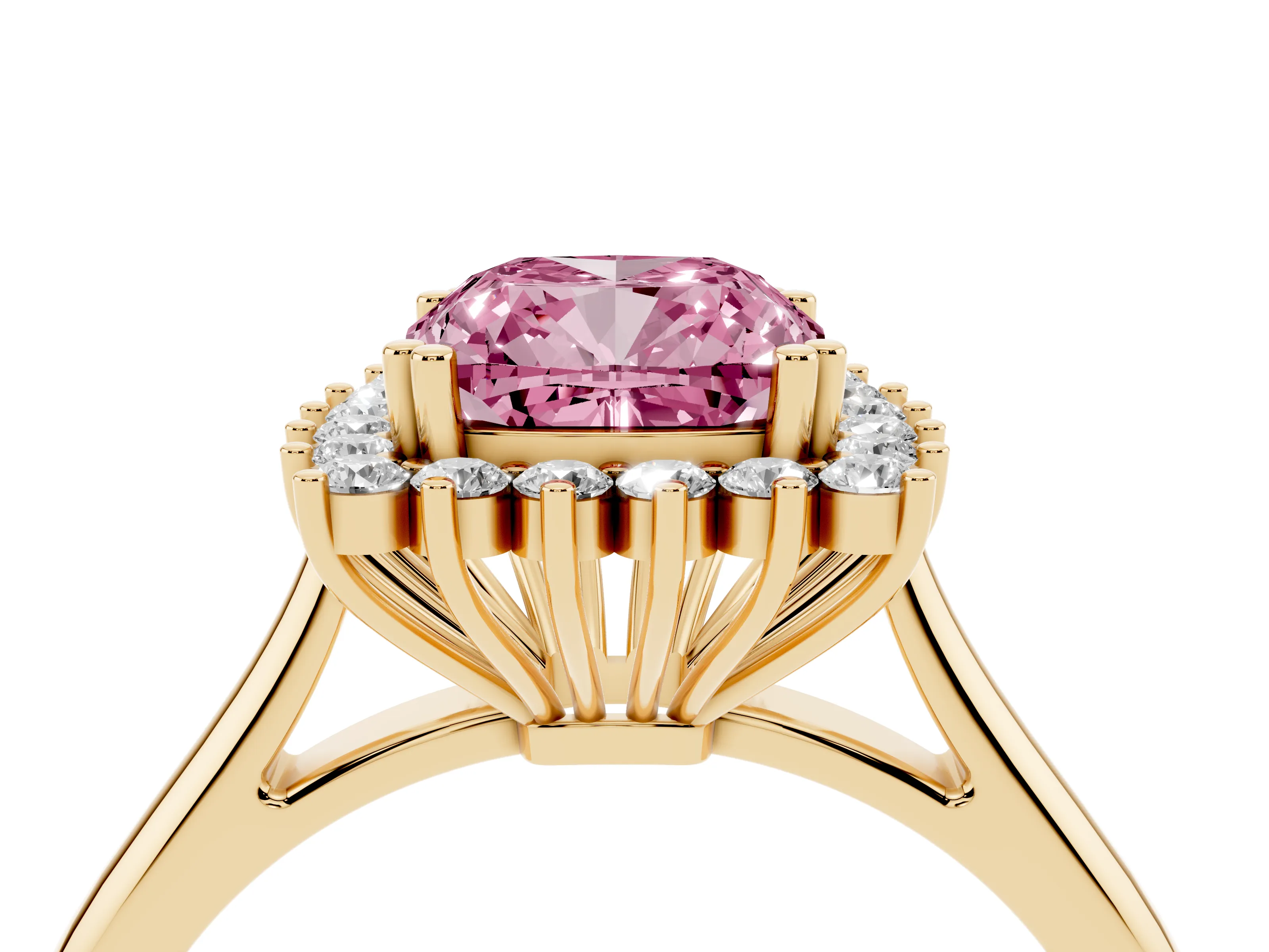 Fancy Pink Cushion Cut Diamond Halo Ring Set in Yellow gold with Plain Solitaire Band and Prong Setting
