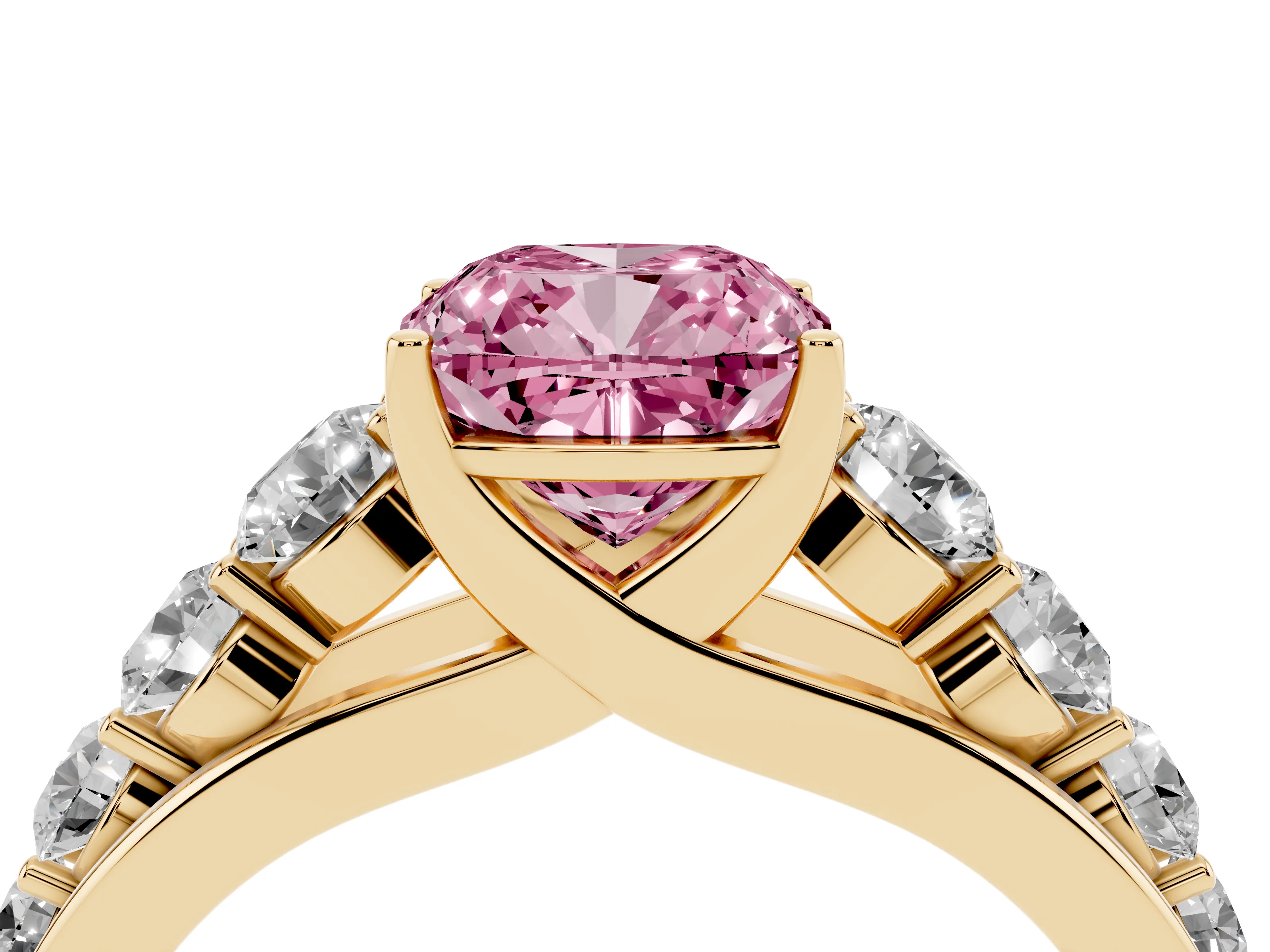 Fancy Pink Cushion Cut Diamond Solitaire Ring Set in Yellow gold with Pavé-Set Band and Prong Setting