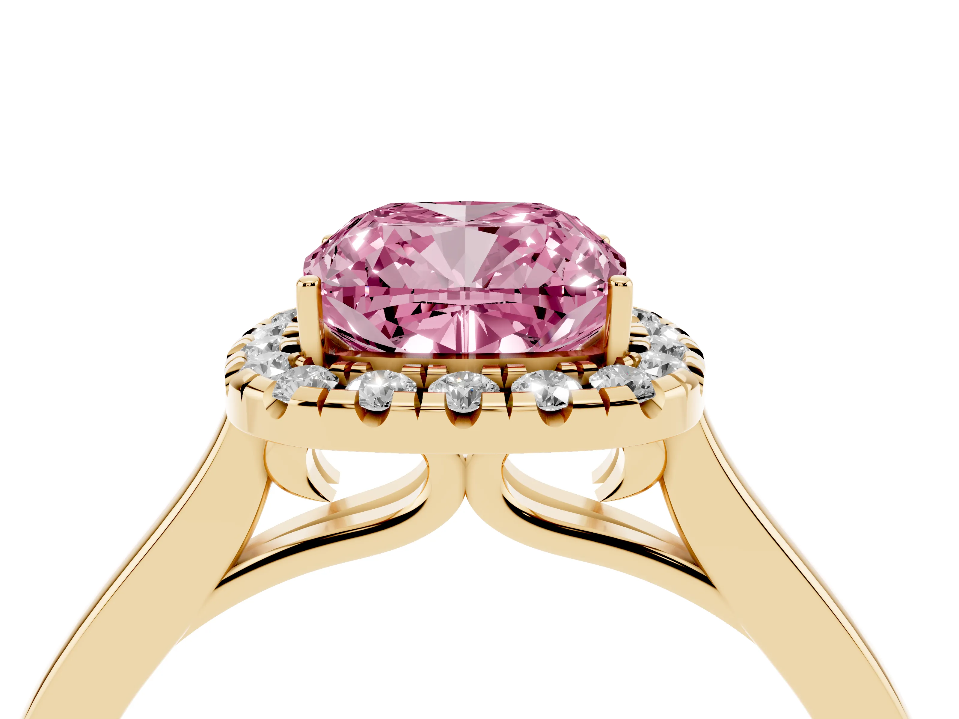 Fancy Pink Cushion Cut Halo Round Diamond Solitaire Ring Set in Yellow gold with Pavé Band and Prong Setting