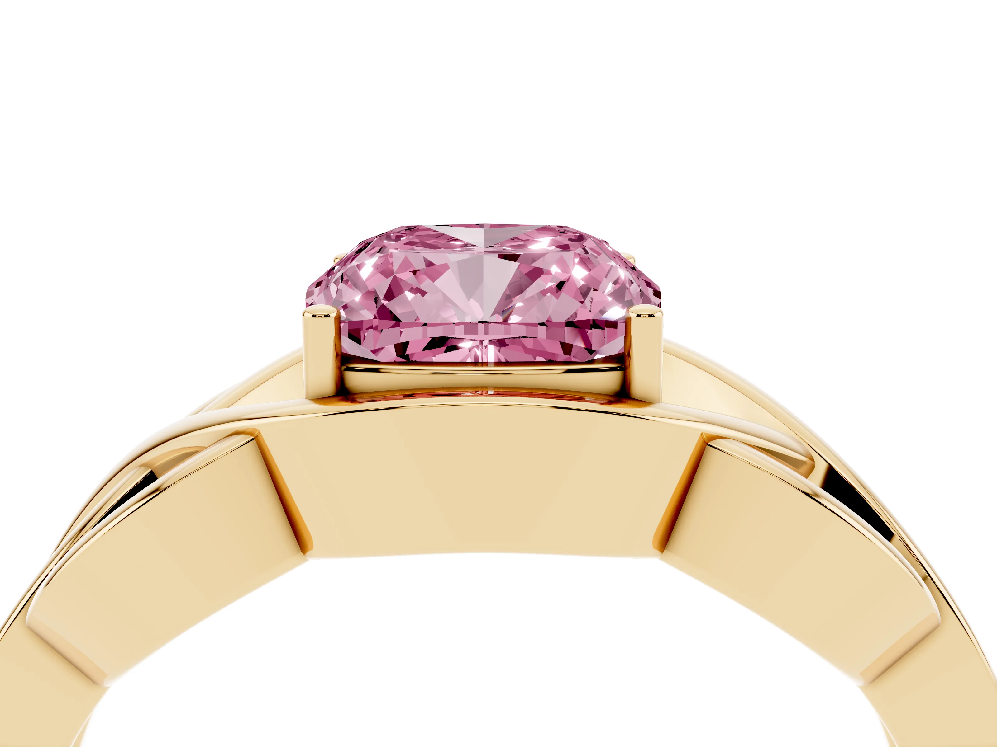 Fancy Pink Cushion Cut Diamond Solitaire Ring Set in Yellow gold with Intertwined Band