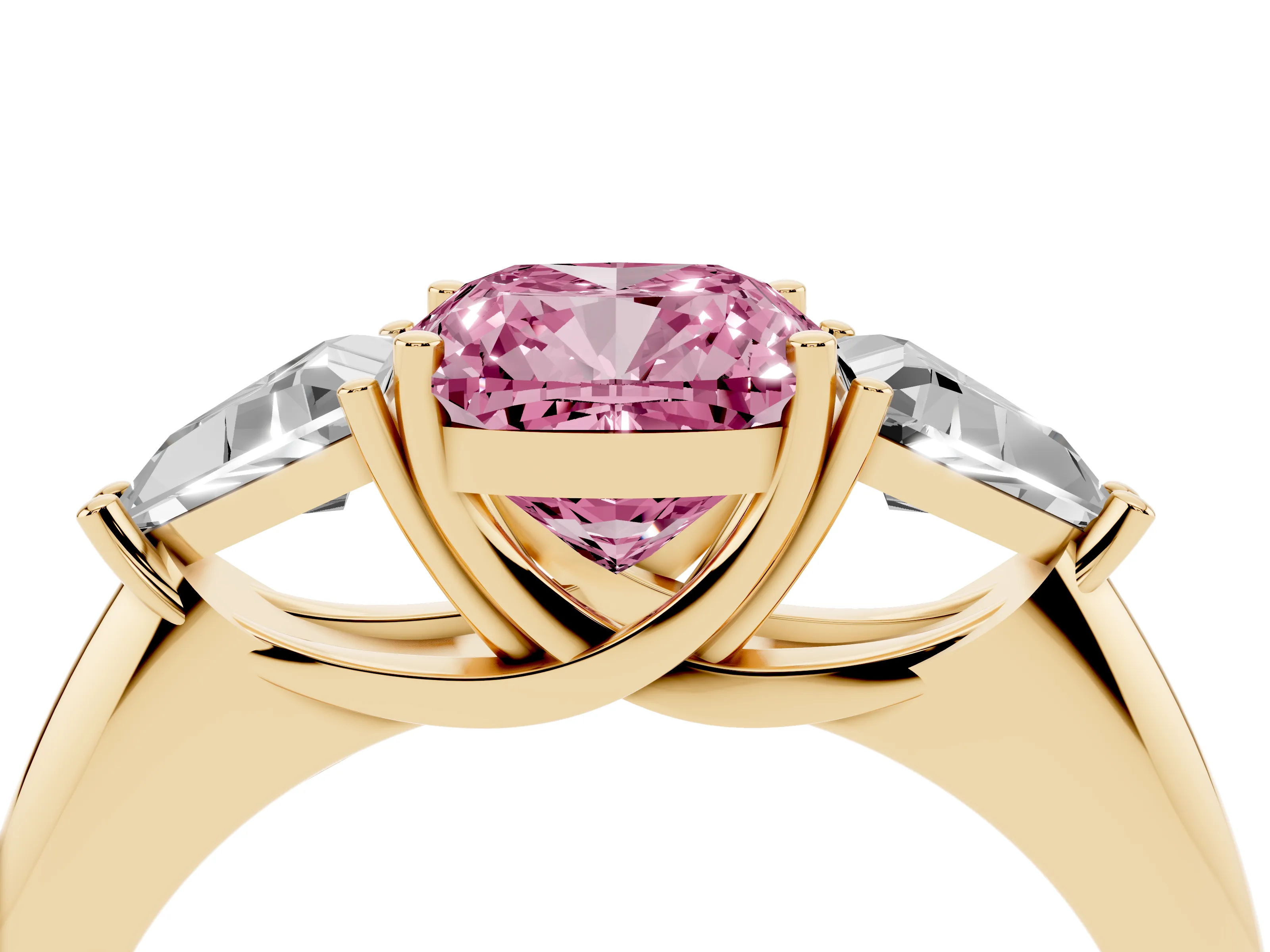Fancy Pink Cushion Cut Diamond Three-Stone Engagement Ring Set in Yellow gold with Trillion Side Stones