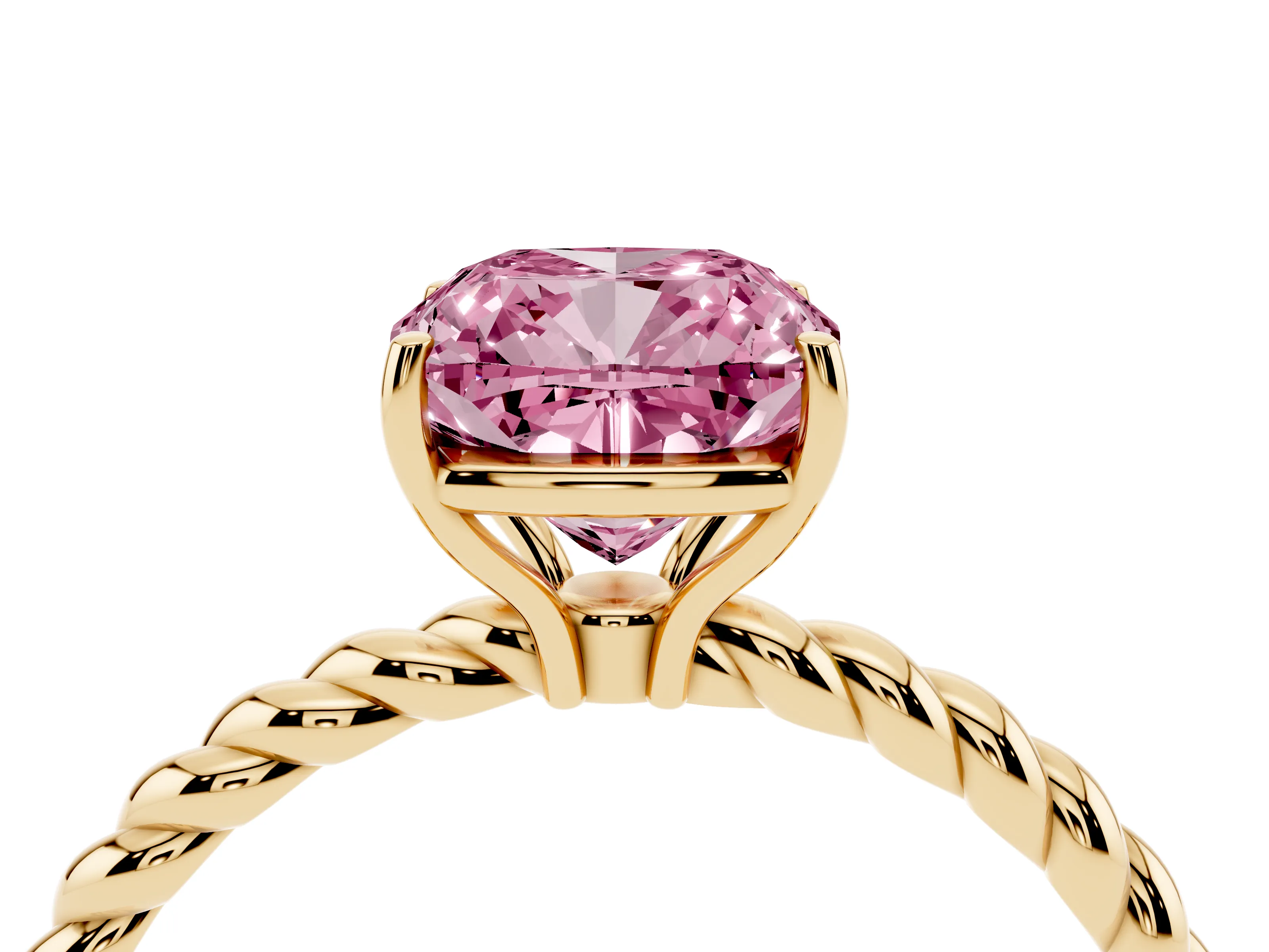 Fancy Pink Cushion Cut Diamond Solitaire Ring Set in Yellow gold with Twist Band and Prong Setting