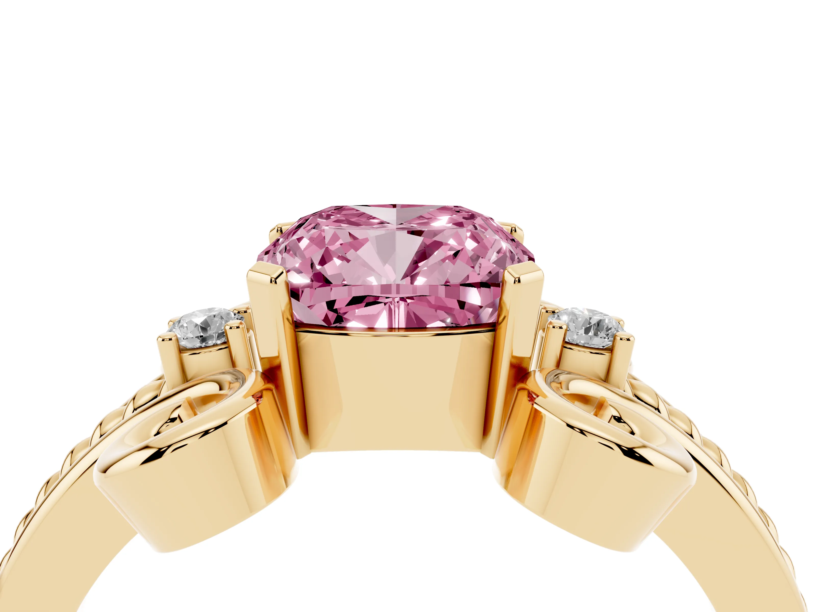 Fancy Pink Cushion Cut Diamond Twisted Band Solitaire Ring Set in Yellow gold with Scroll Prongs