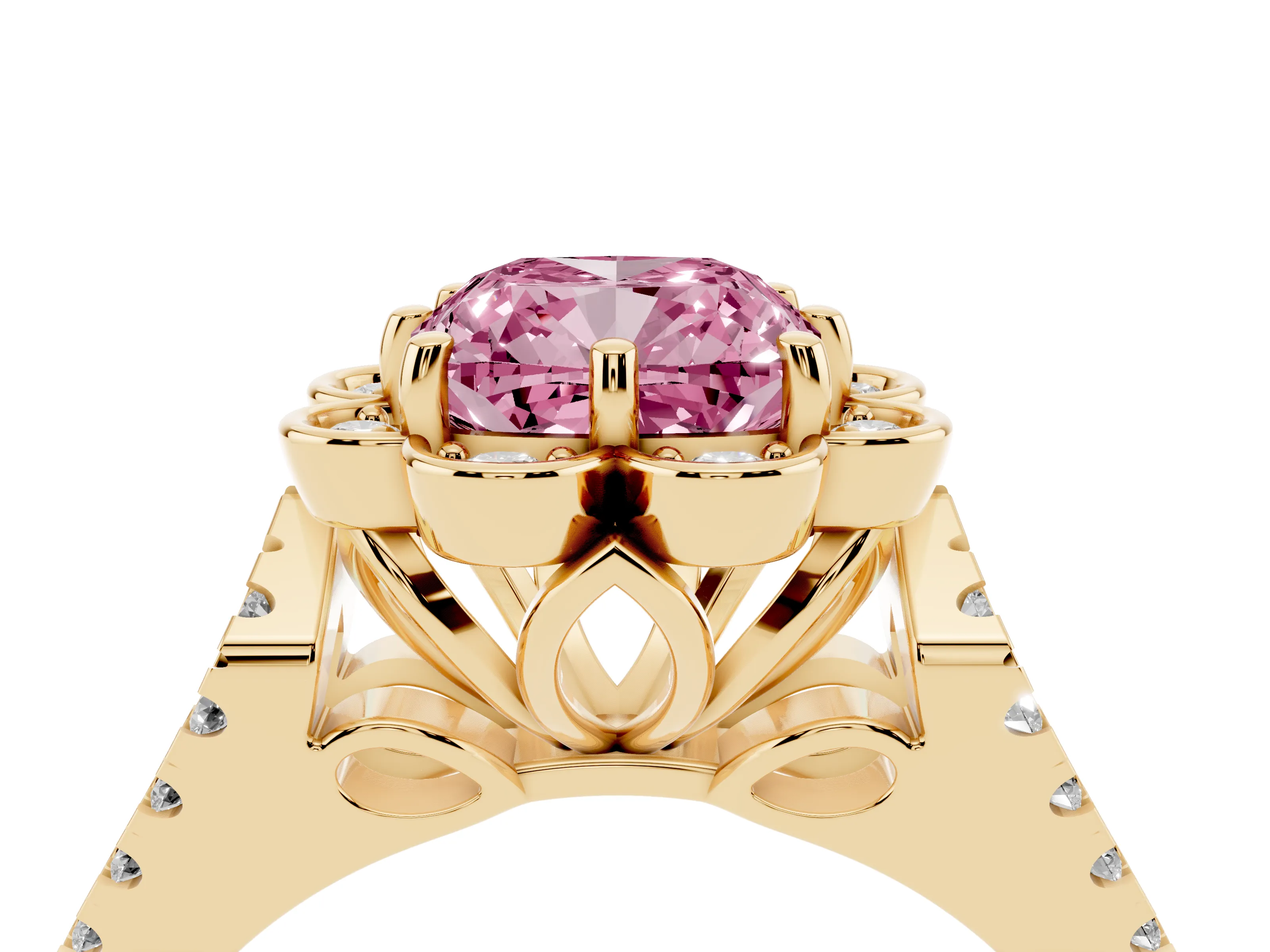 Fancy Pink Cushion Cut Diamond Floral Halo Split Shank Engagement Ring Set in Yellow gold with Pavé Shank