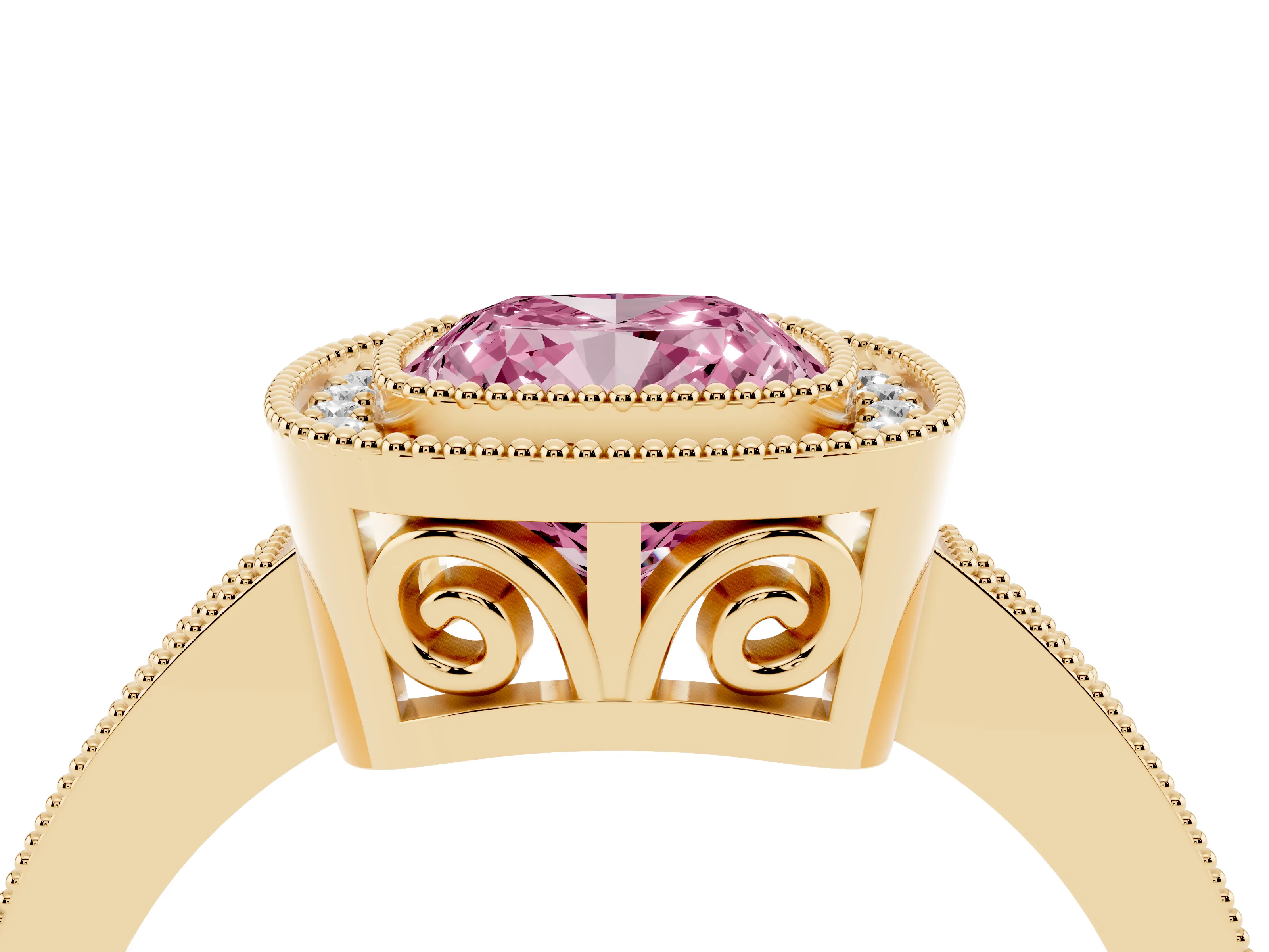 Fancy Pink Cushion Cut Diamond Round Halo Ring Set in Yellow gold with Pavé Band