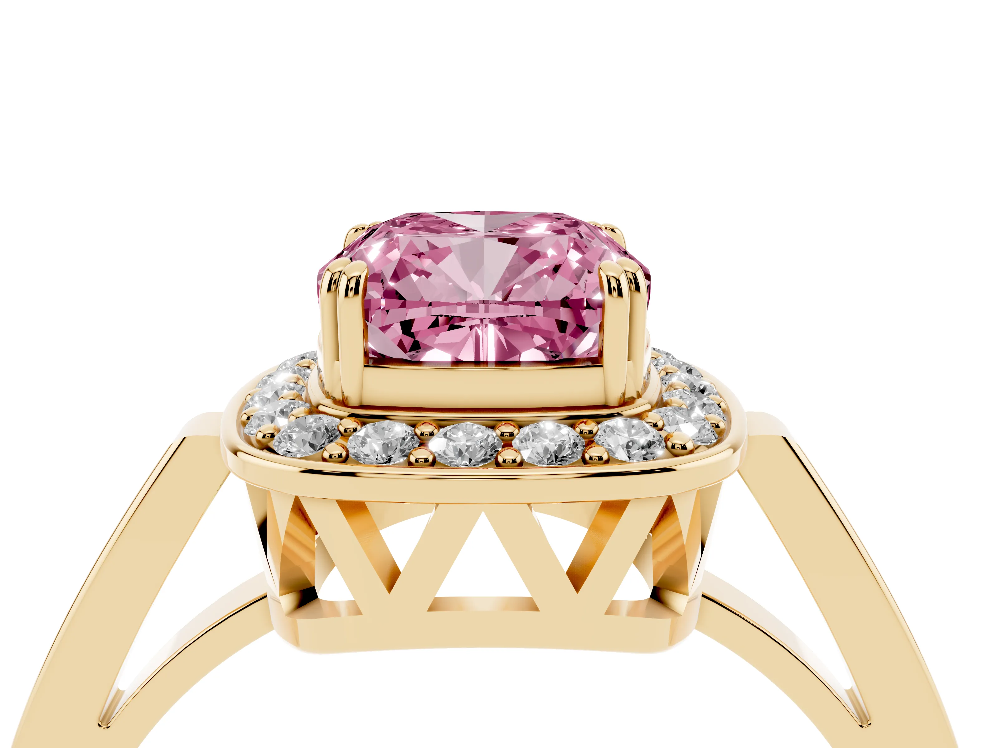 Fancy Pink Cushion Cut Diamond Halo Ring Set in Yellow gold with Accent-Lined Split Shank and Prong Setting