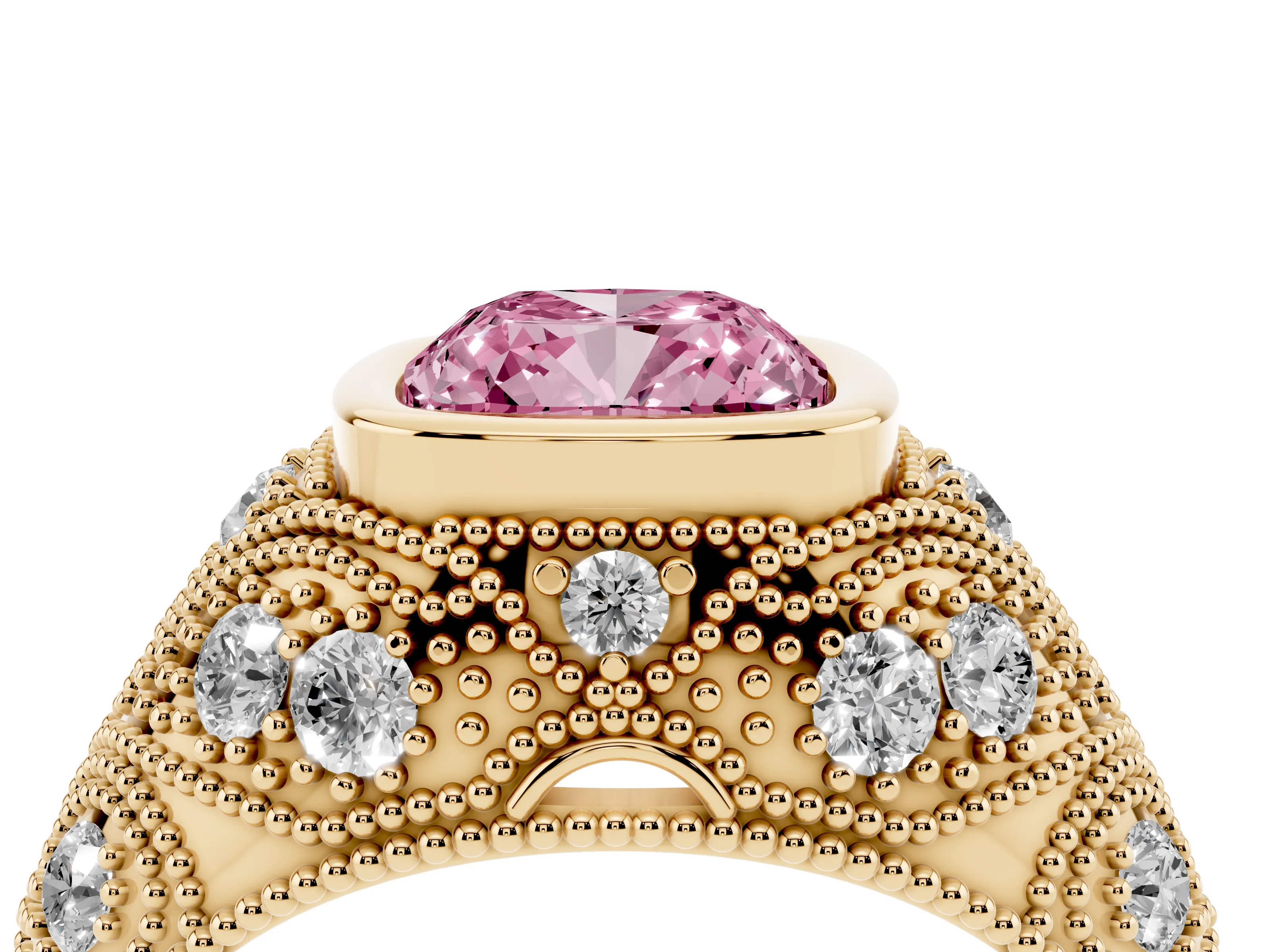 Fancy Pink Cushion Cut Diamond Bezel Ring Set in Yellow gold with Milgrain Accent Band