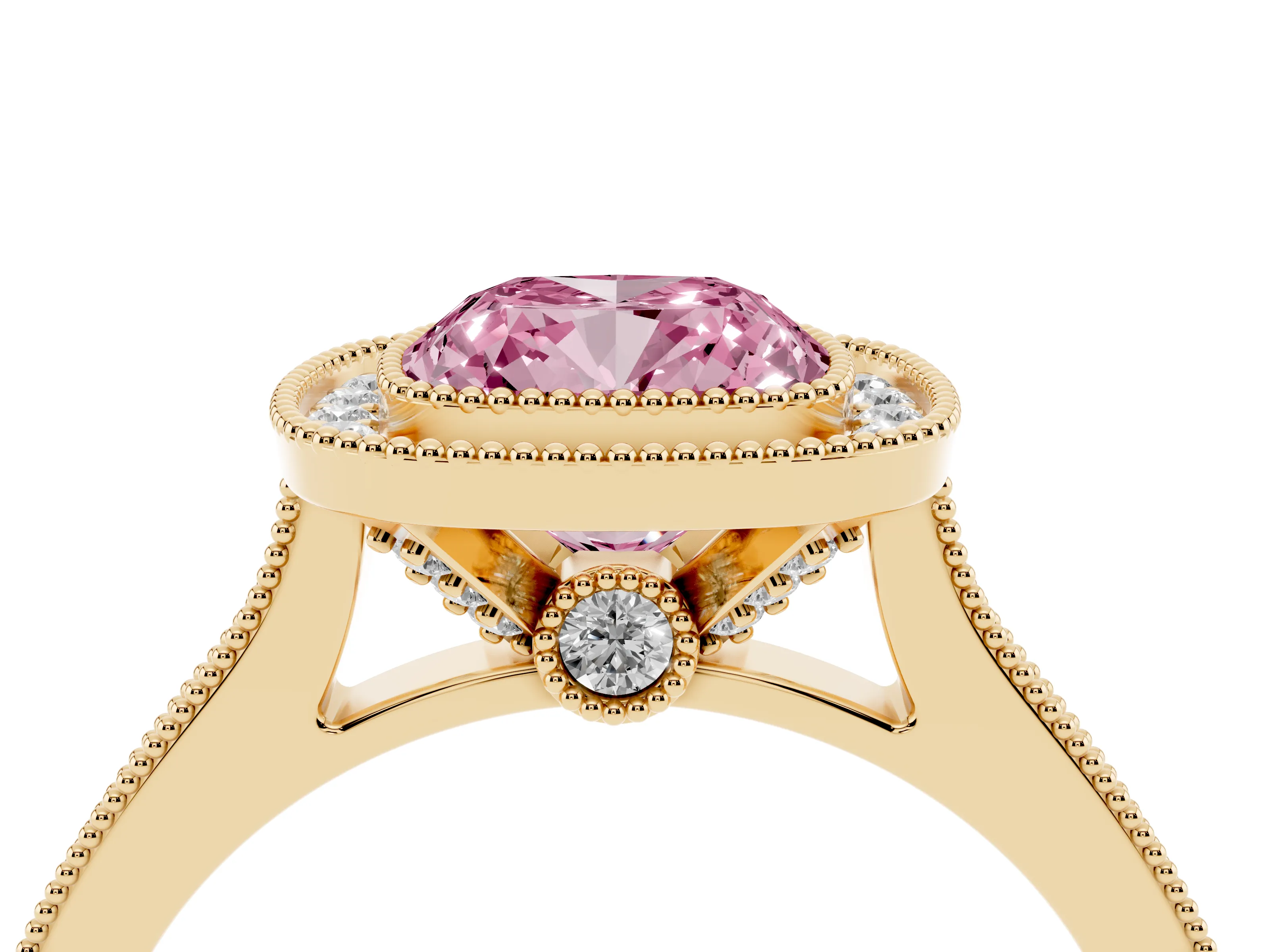 Fancy Pink Cushion Cut Diamond Halo Milgrain Pavé Band Ring Set in Yellow gold with Prong Setting