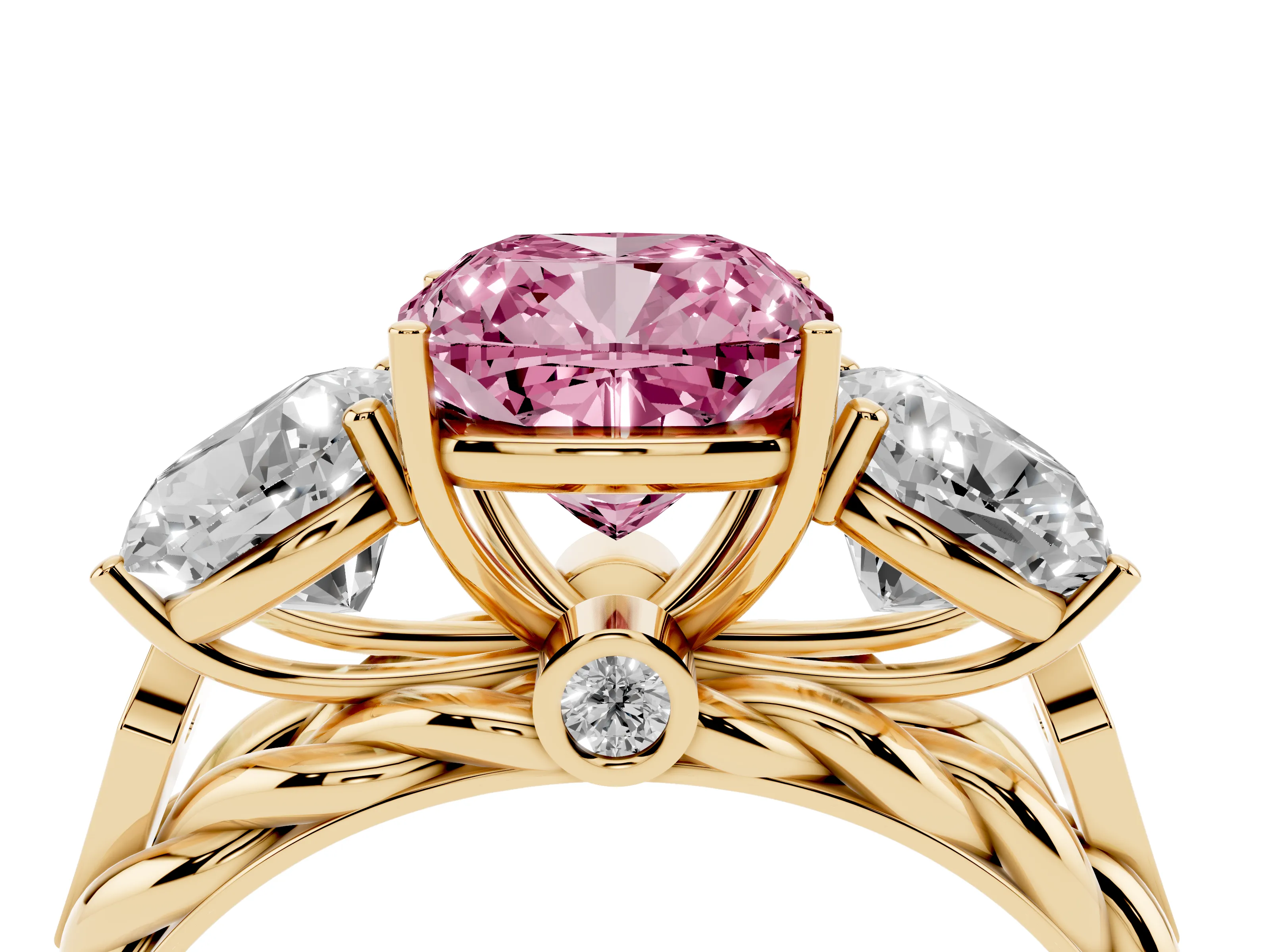 Fancy Pink Cushion Cut Diamond Three-Stone Ring Set in Yellow gold with Braided Band