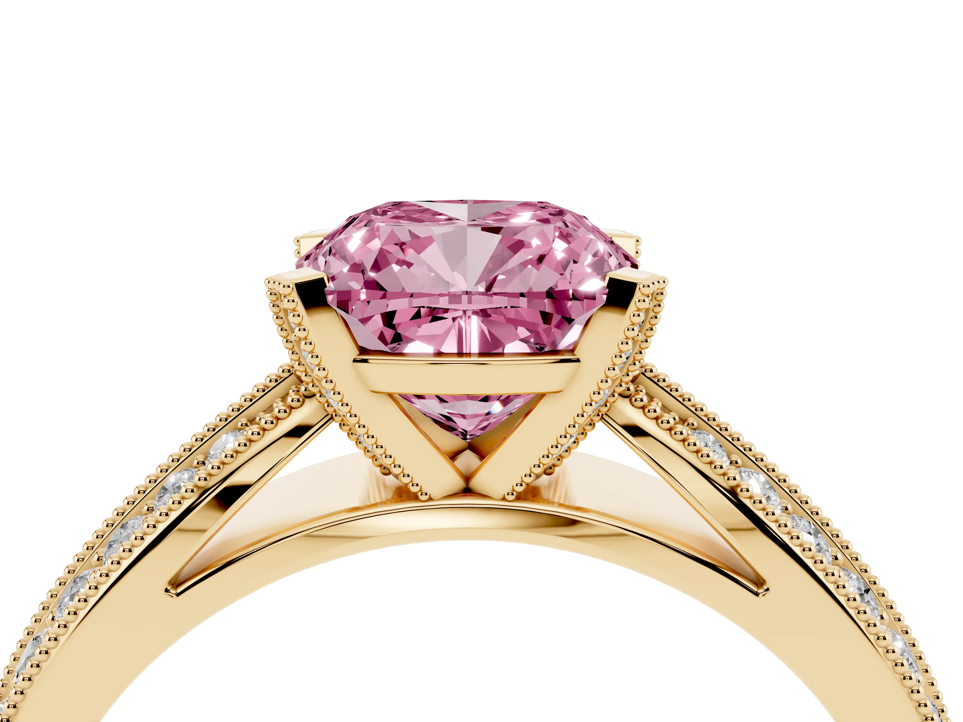 Fancy Pink Cushion Cut Diamond Solitaire Ring Set in Yellow gold with Milgrain Double Row Round Pavé Band