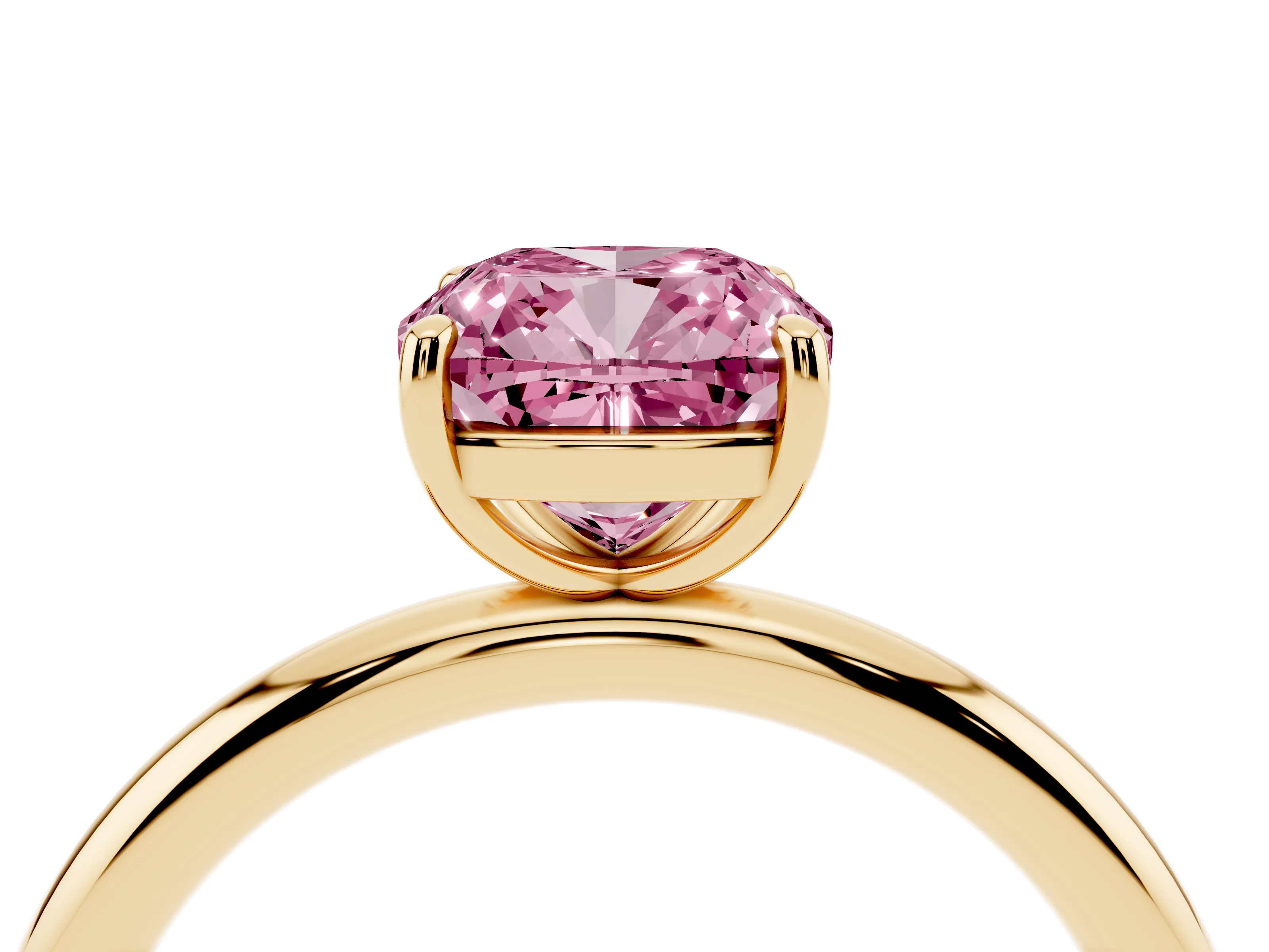 Fancy Pink Cushion Cut Diamond Solitaire Ring Set in Yellow gold with Prong Setting on a Polished Plain Band