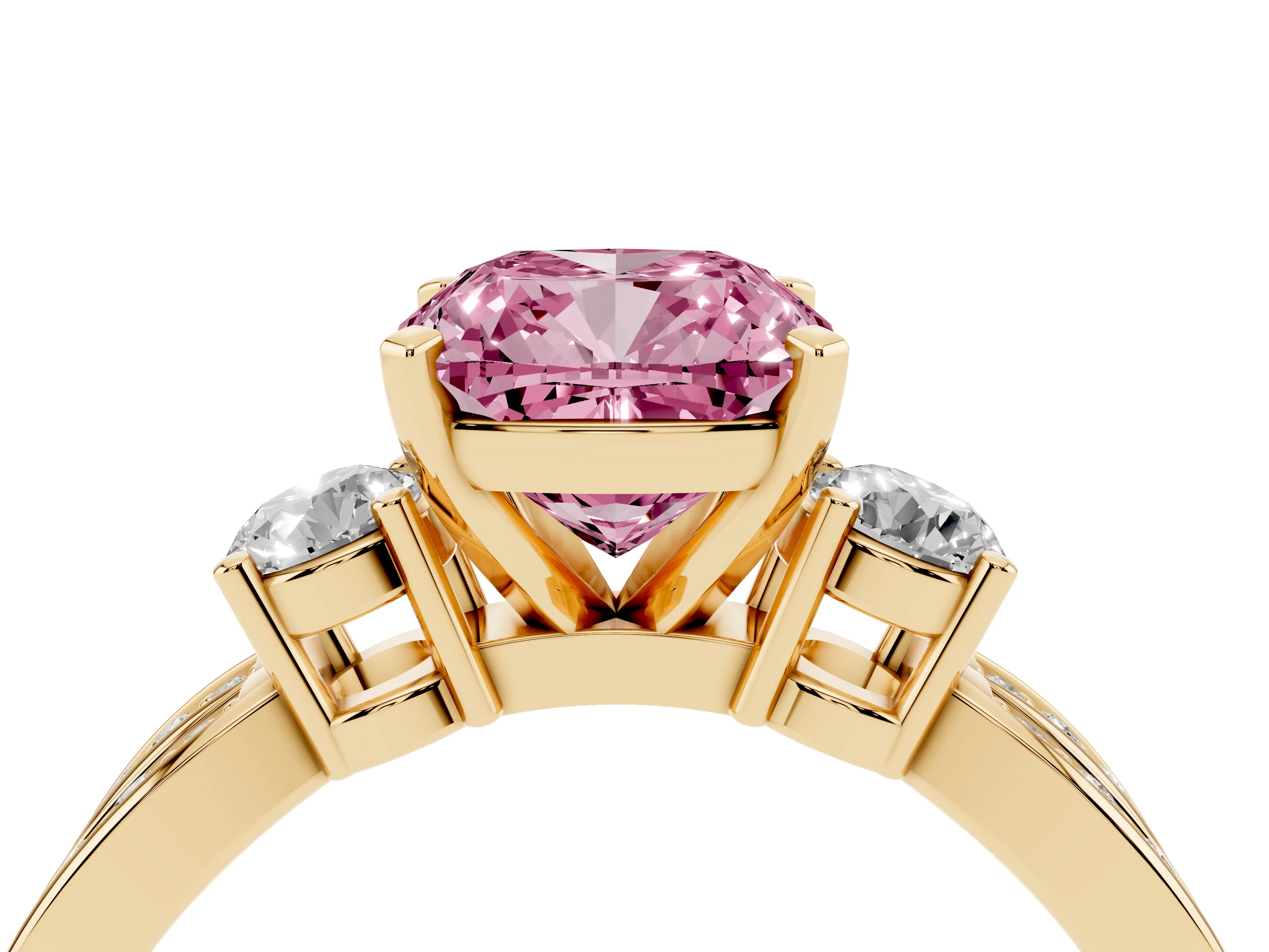 Fancy Pink Three-Stone Cushion Cut Diamond Twist Band Ring Set in Yellow gold with Pavé Accents and Prong Setting
