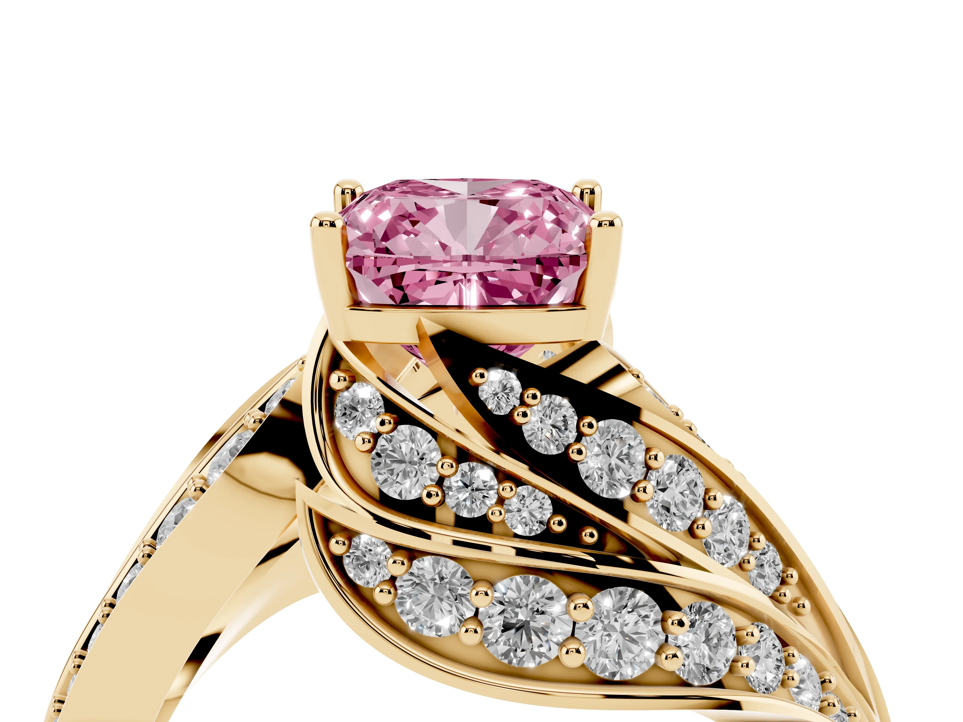 Fancy Pink Cushion Cut Diamond Solitaire Ring Set in Yellow gold with Layered Twist Pavé Band