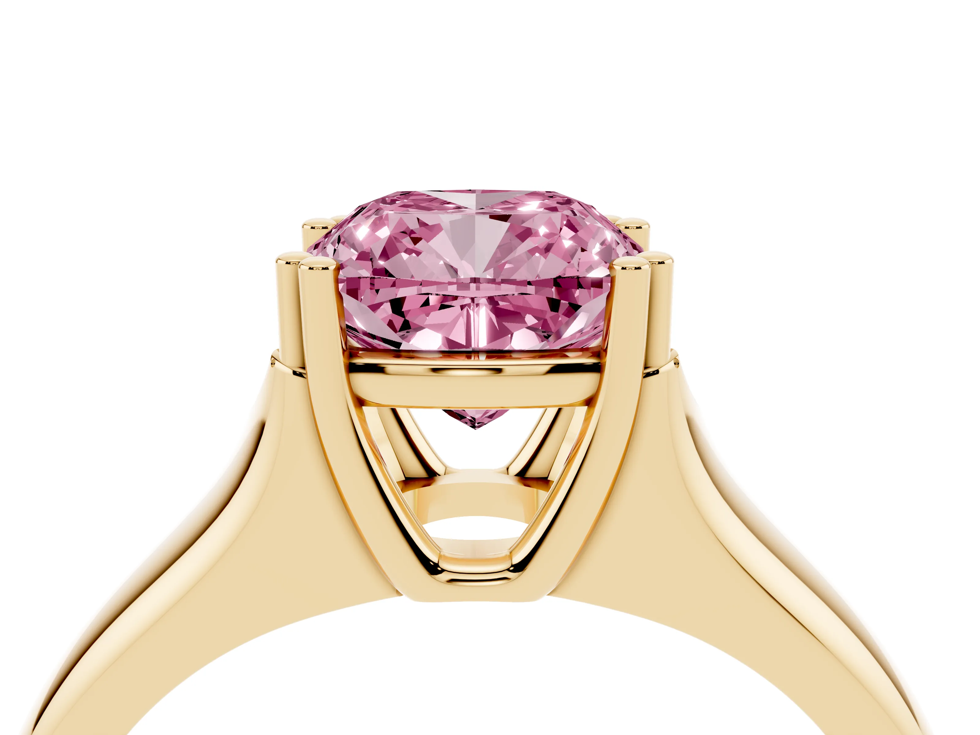 Fancy Pink Cushion Cut Diamond Solitaire Ring Set in Yellow gold with Wide Band and Prong Setting