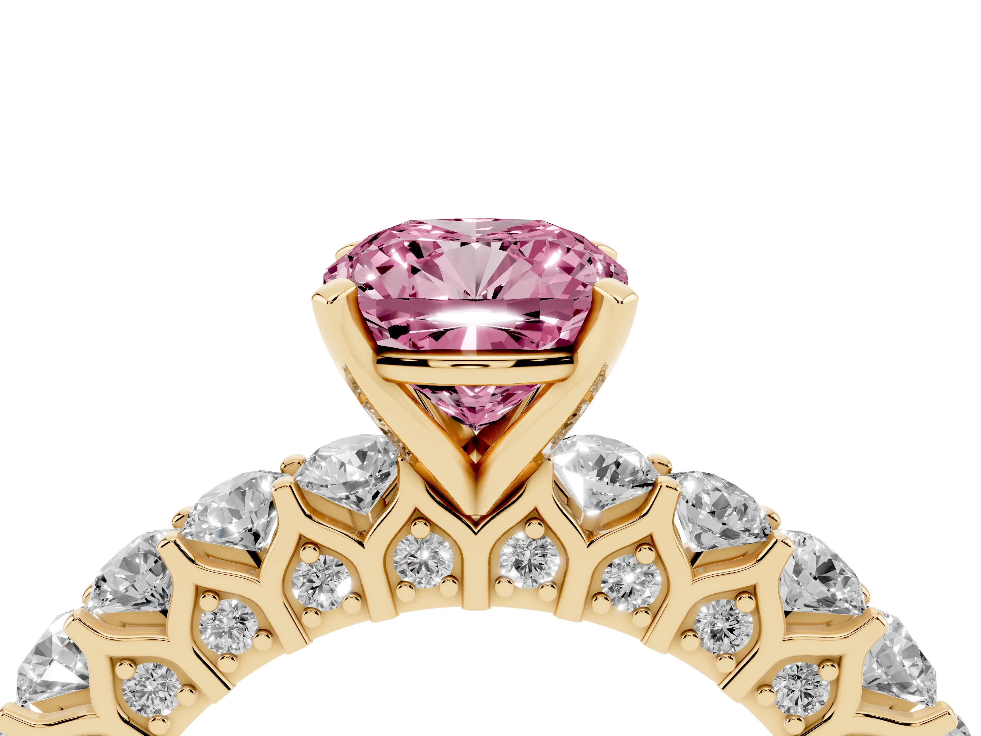 Fancy Pink Cushion Cut Diamond Solitaire Ring Set in Yellow gold with Shared Prong Pavé Band