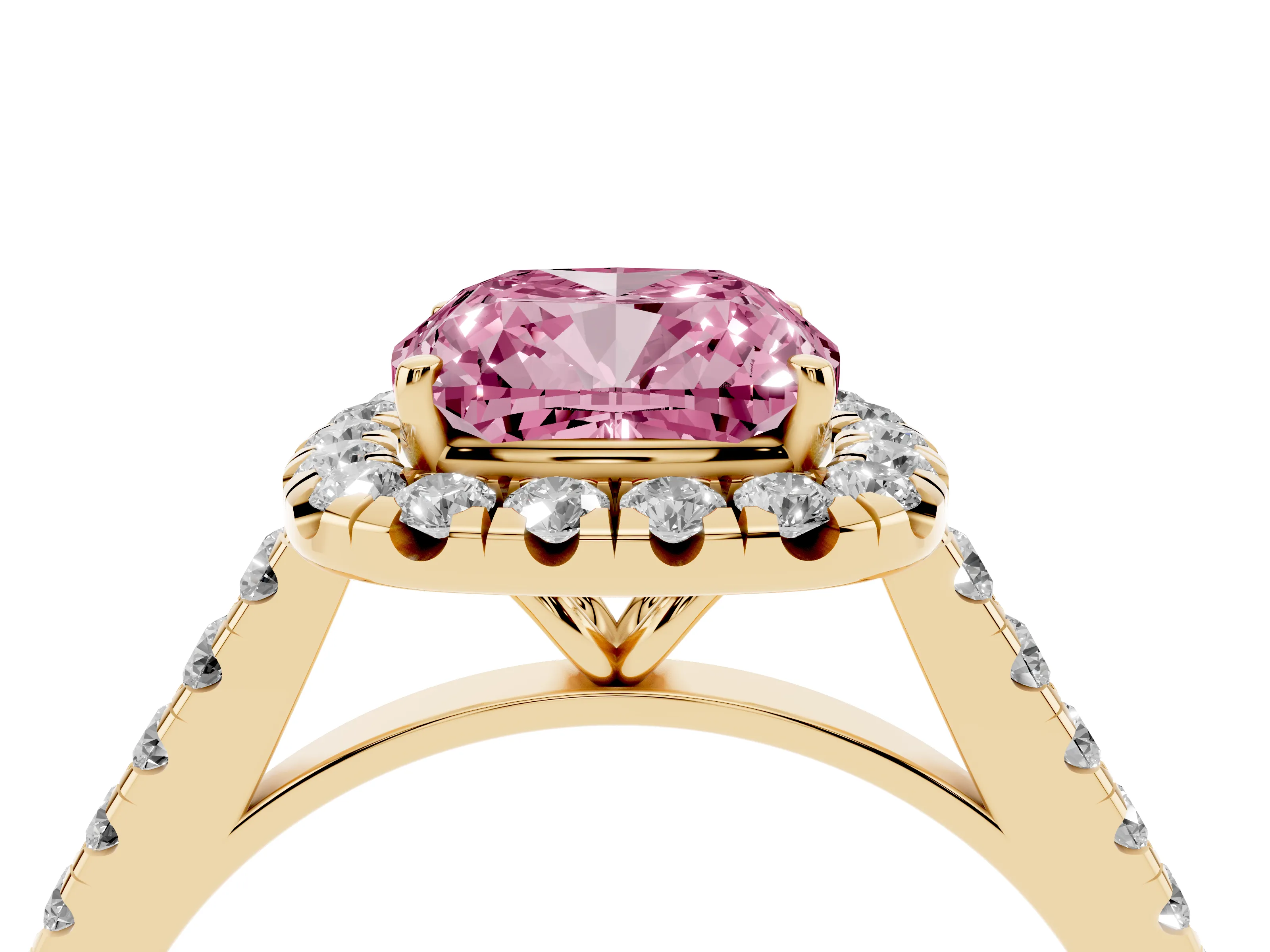 Fancy Pink Cushion Cut Diamond Halo Pavé Engagement Ring Set in Yellow gold with Prong Setting