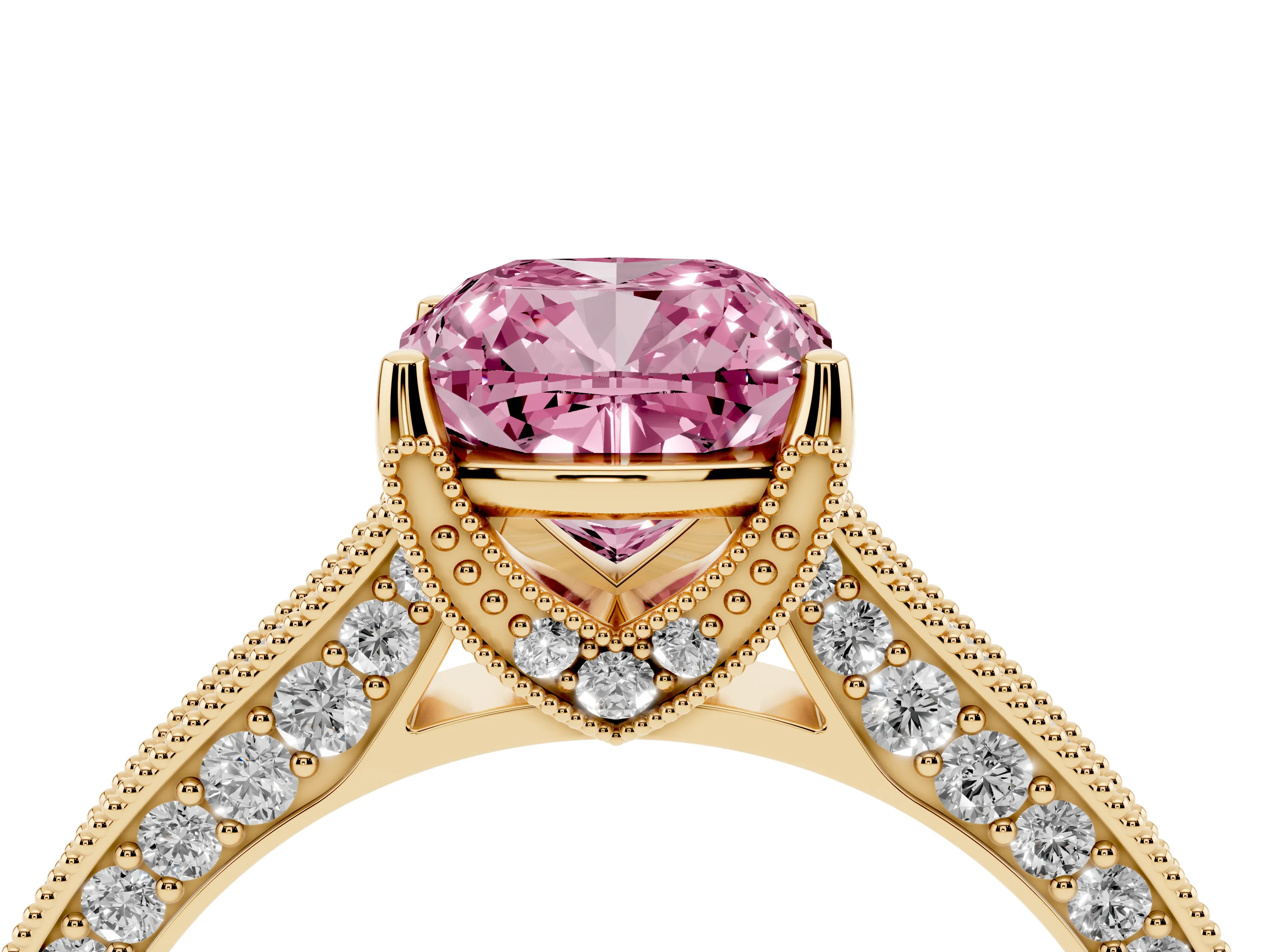 Fancy Pink Cushion Cut Diamond Solitaire Ring Set in Yellow gold with Milgrain-Edged Pavé Band and Prong Setting