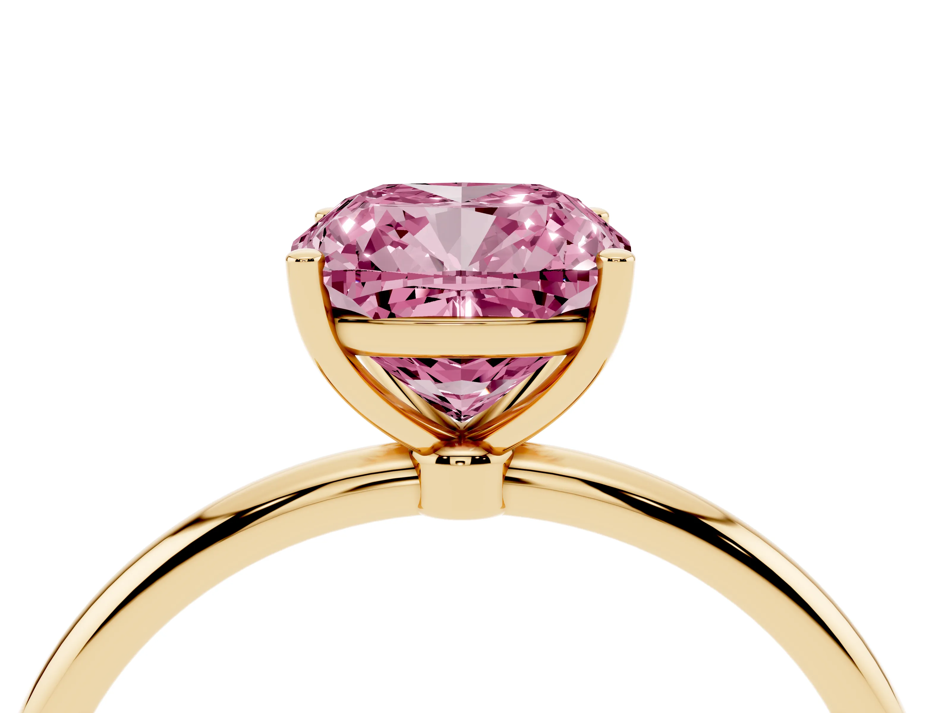 Fancy Pink Cushion Cut Diamond Solitaire Engagement Ring Set in Yellow gold with Thin Band and Prong Setting