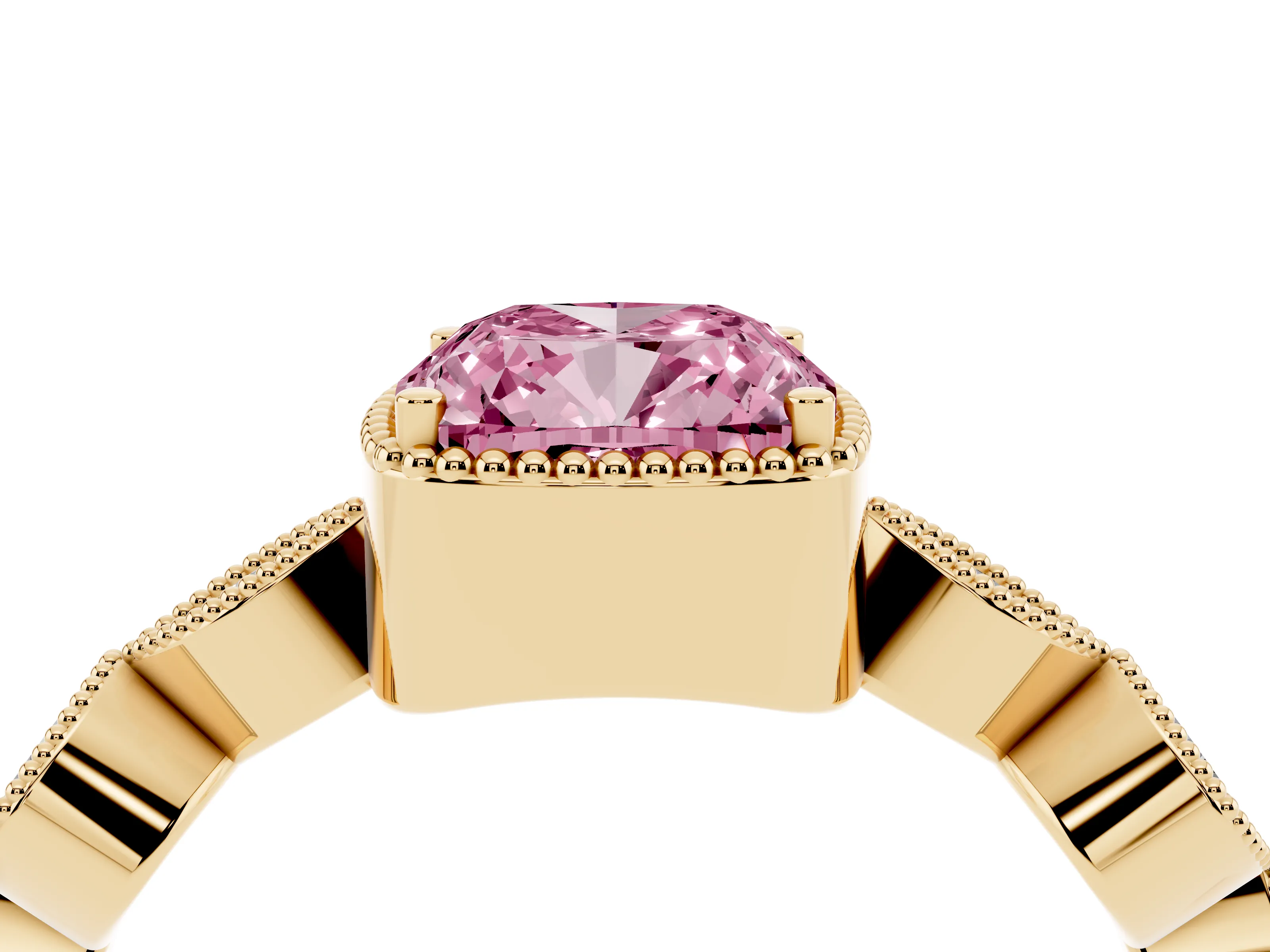 Fancy Pink Cushion Cut Diamond Vintage-Inspired Milgrain Ring Set in Yellow gold with Marquise Stations of Round Accents