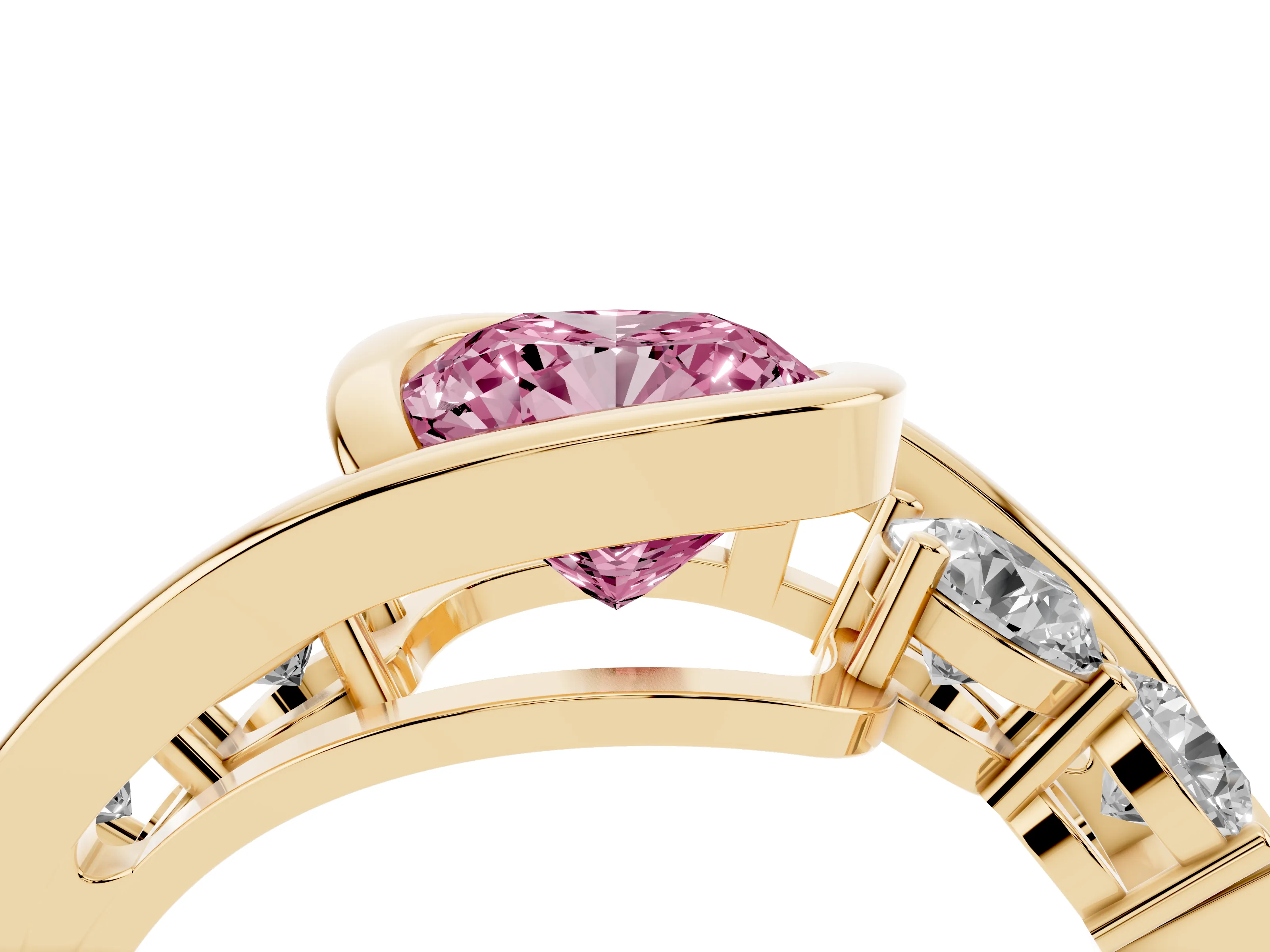 Fancy Pink Cushion Cut Diamond Bezel Bypass Ring Set in Yellow gold with Round Accents