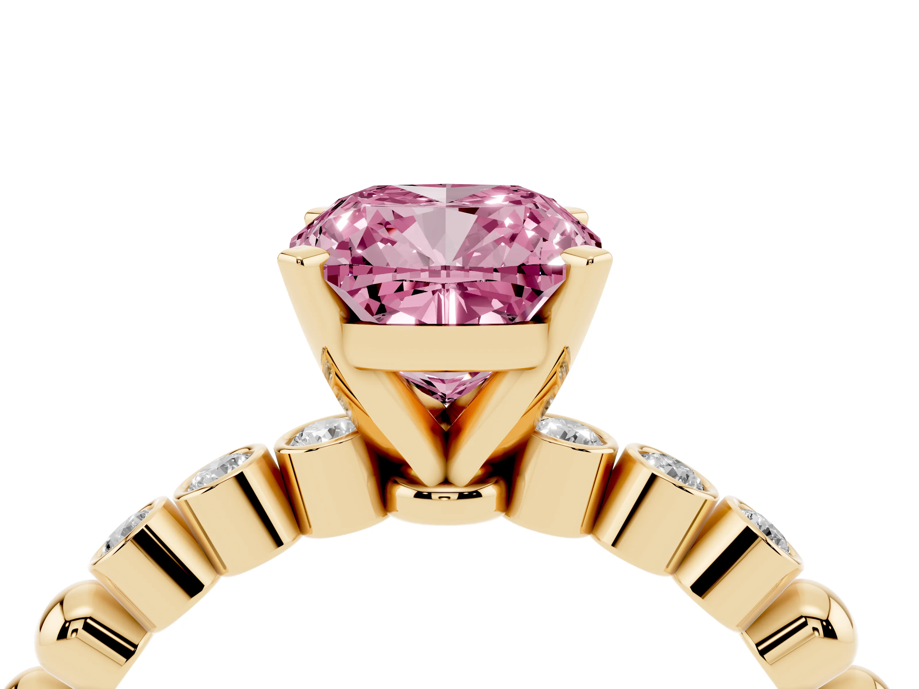 Fancy Pink Cushion Cut Diamond Solitaire Engagement Ring Set in Yellow gold with Bezel Accents on Beaded Band