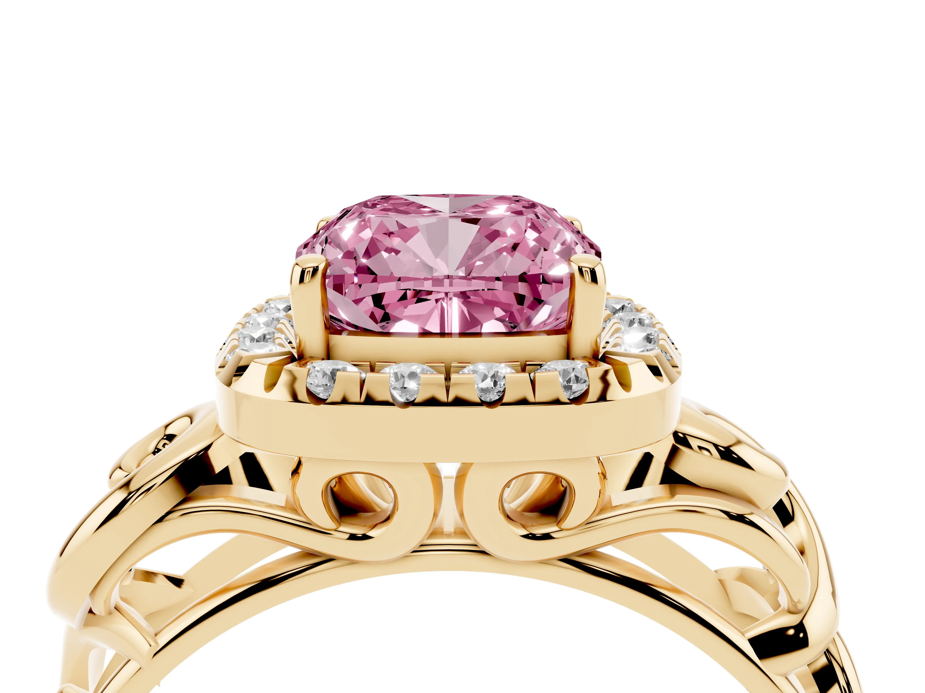 Fancy Pink Cushion Cut Diamond Halo Ring Set in Yellow gold with Scrollwork Band and Prong Setting