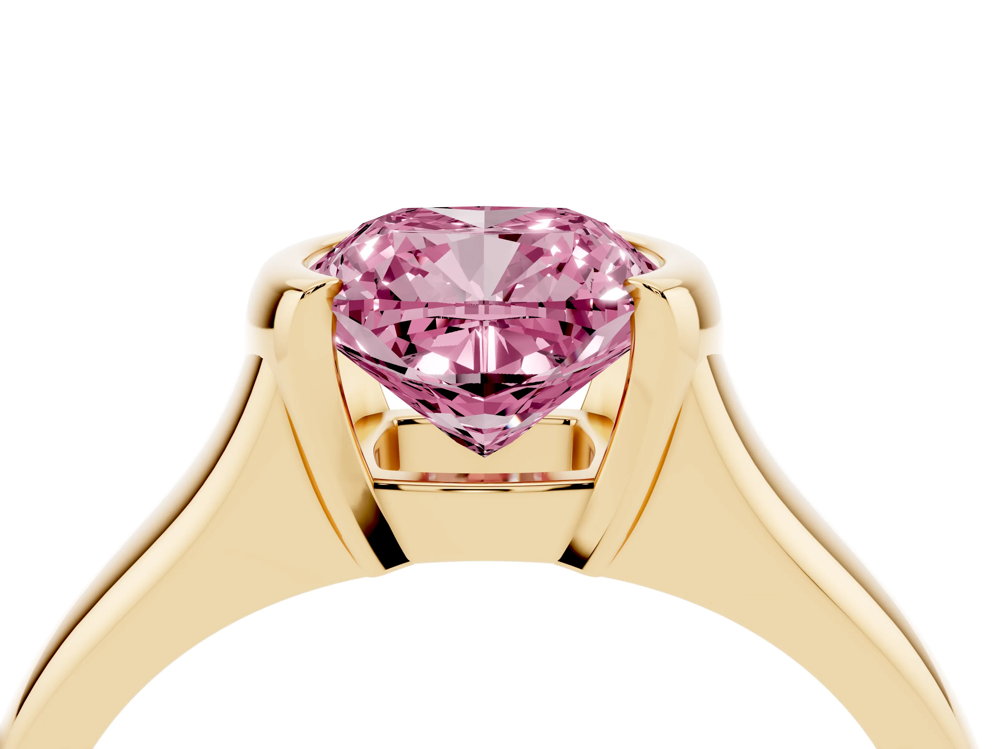 Fancy Pink Cushion Cut Diamond Solitaire Tension Set Ring Set in Yellow gold with Split Shank Band