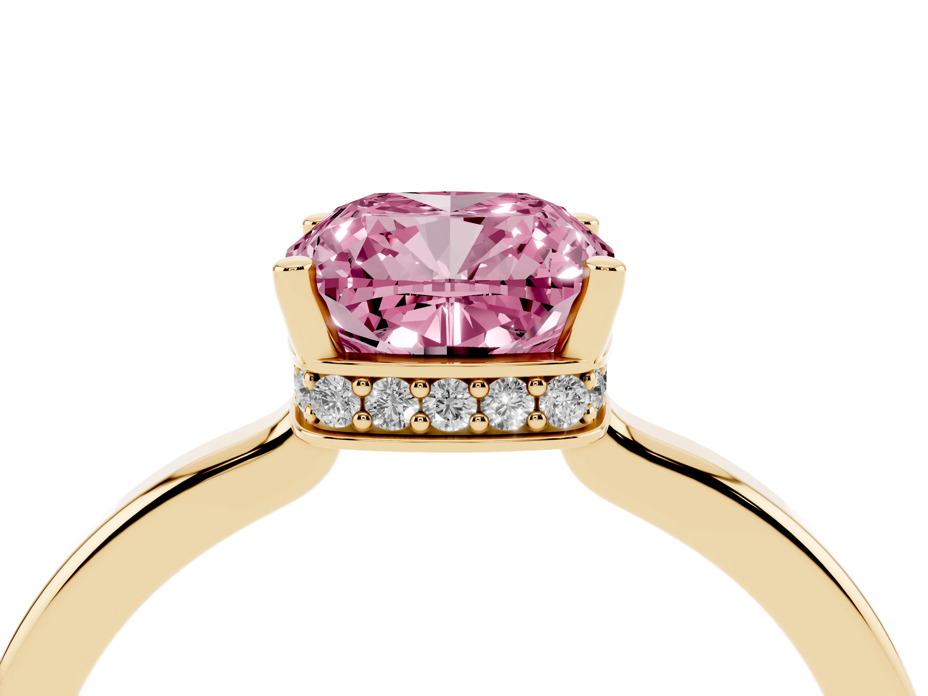 Fancy Pink Cushion Cut Diamond Solitaire Engagement Ring Set in Yellow gold with Prong Setting on a Plain Band