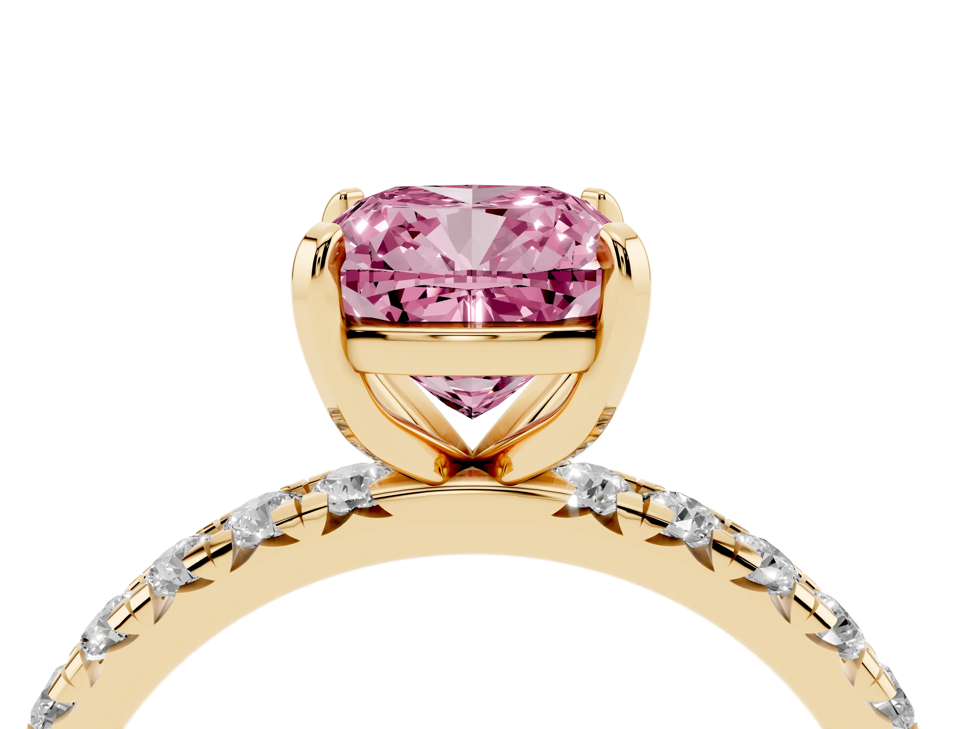 Fancy Pink Cushion Cut Diamond Pavé Solitaire Ring Set in Yellow gold with Round Band and Prong Setting