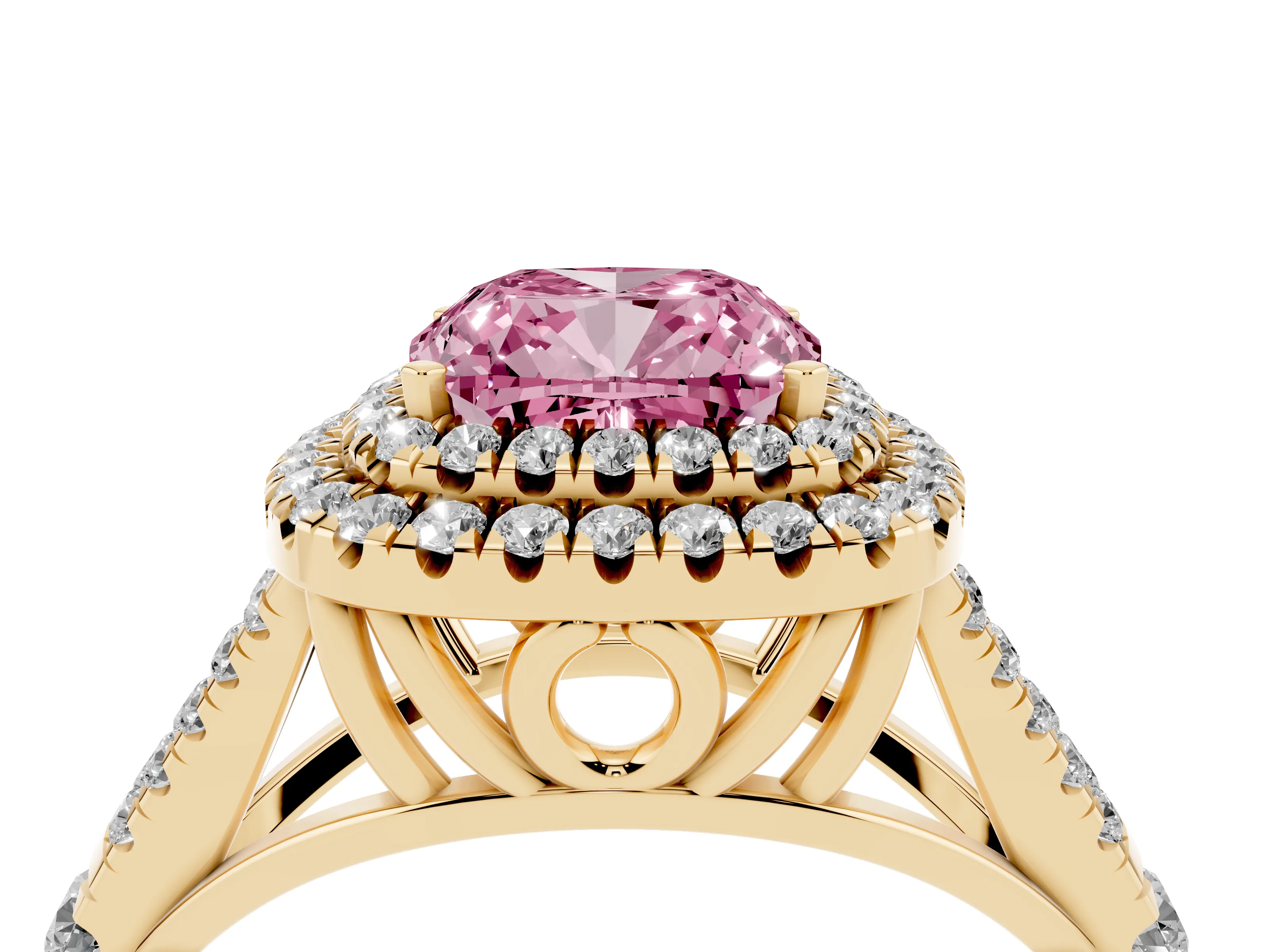 Fancy Pink Cushion Cut Diamond Pavé Split Shank Double Halo Engagement Ring Set in Yellow gold