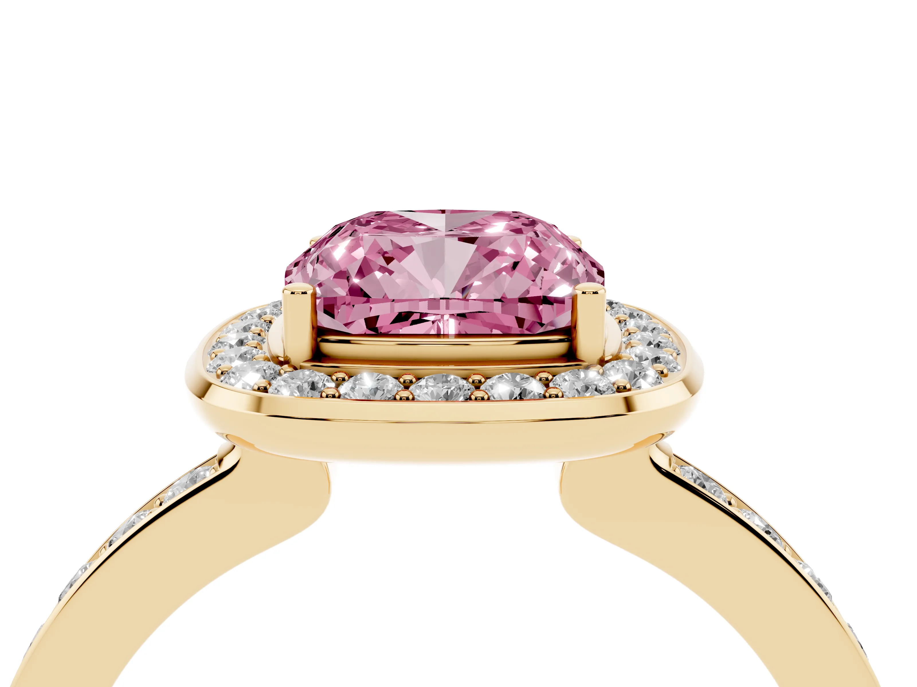 Fancy Pink Cushion Cut Diamond Halo Ring Set in Yellow gold with Bezel Frame and Pavé Band