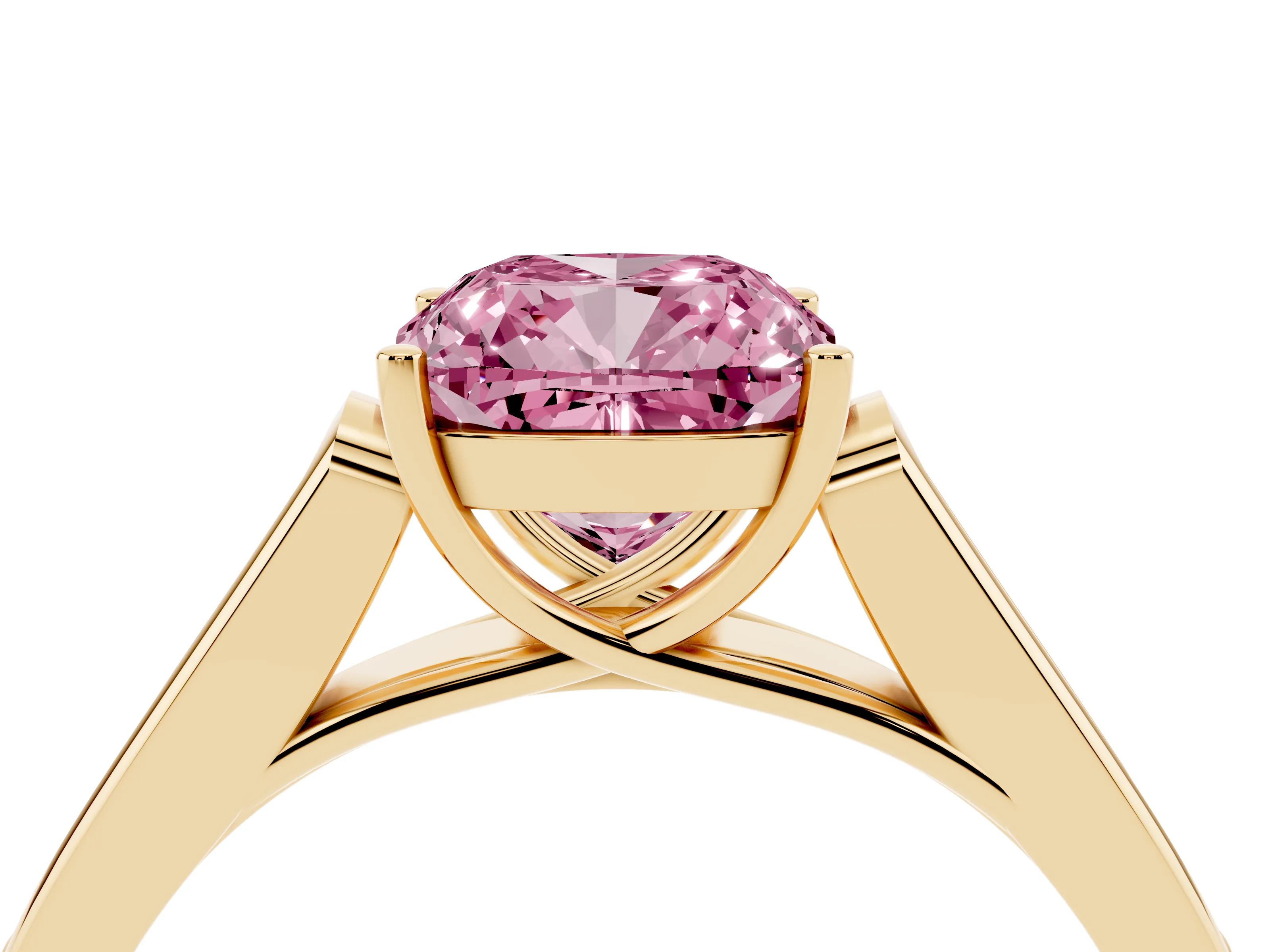 Fancy Pink Cushion Cut Diamond Solitaire Cathedral Engagement Ring Set in Yellow gold with Channel-Set Band and Prong Setting