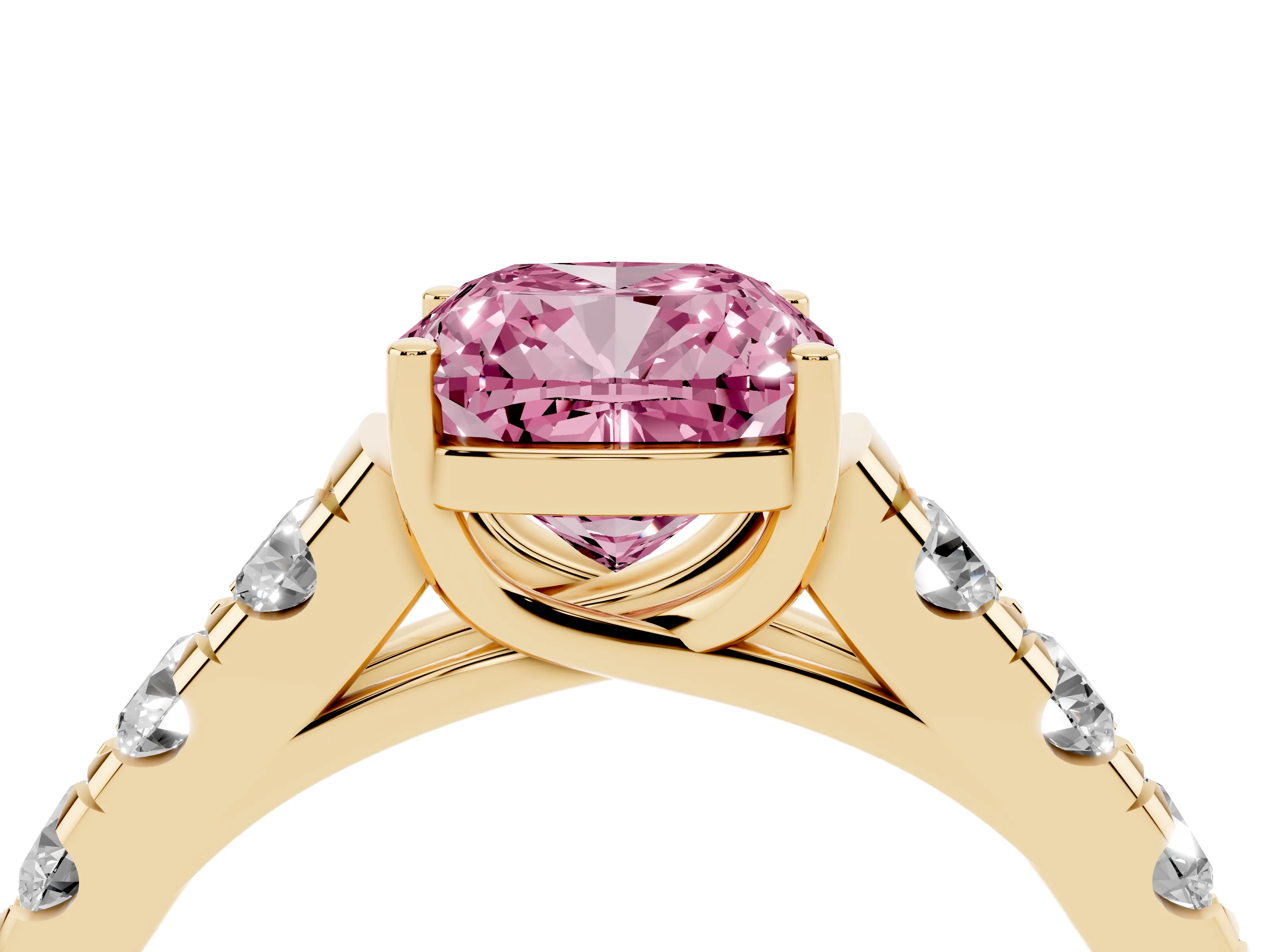 Fancy Pink Cushion Cut Diamond Solitaire Ring Set in Yellow gold with Cut-Down Micro Pavé Band and Prong Setting