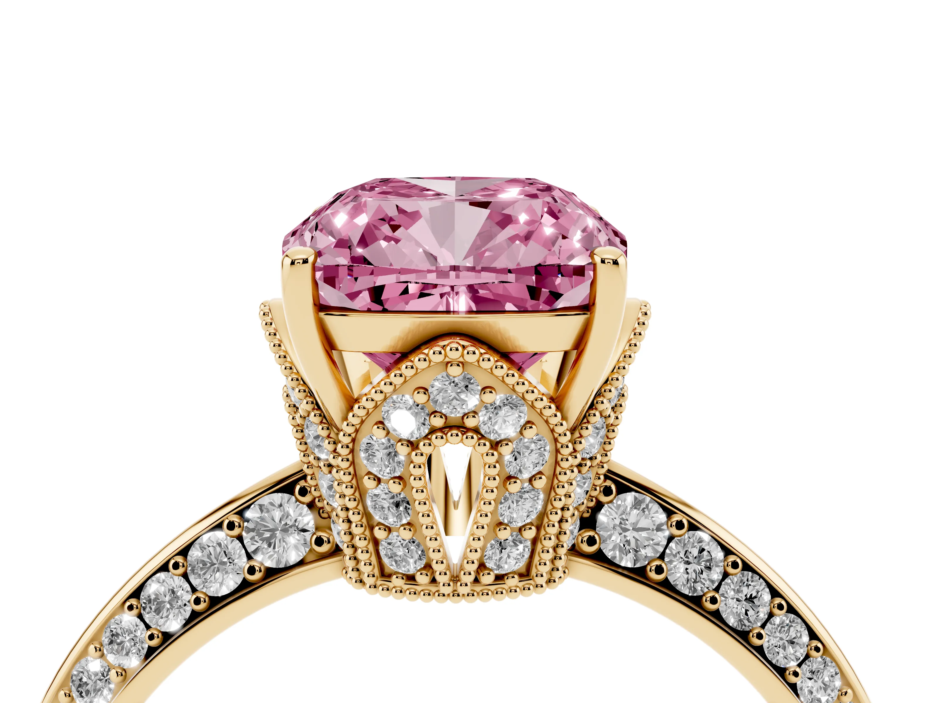 Fancy Pink Cushion Cut Diamond Solitaire Engagement Ring Set in Yellow gold with Pavé Split Shank and Prong Setting