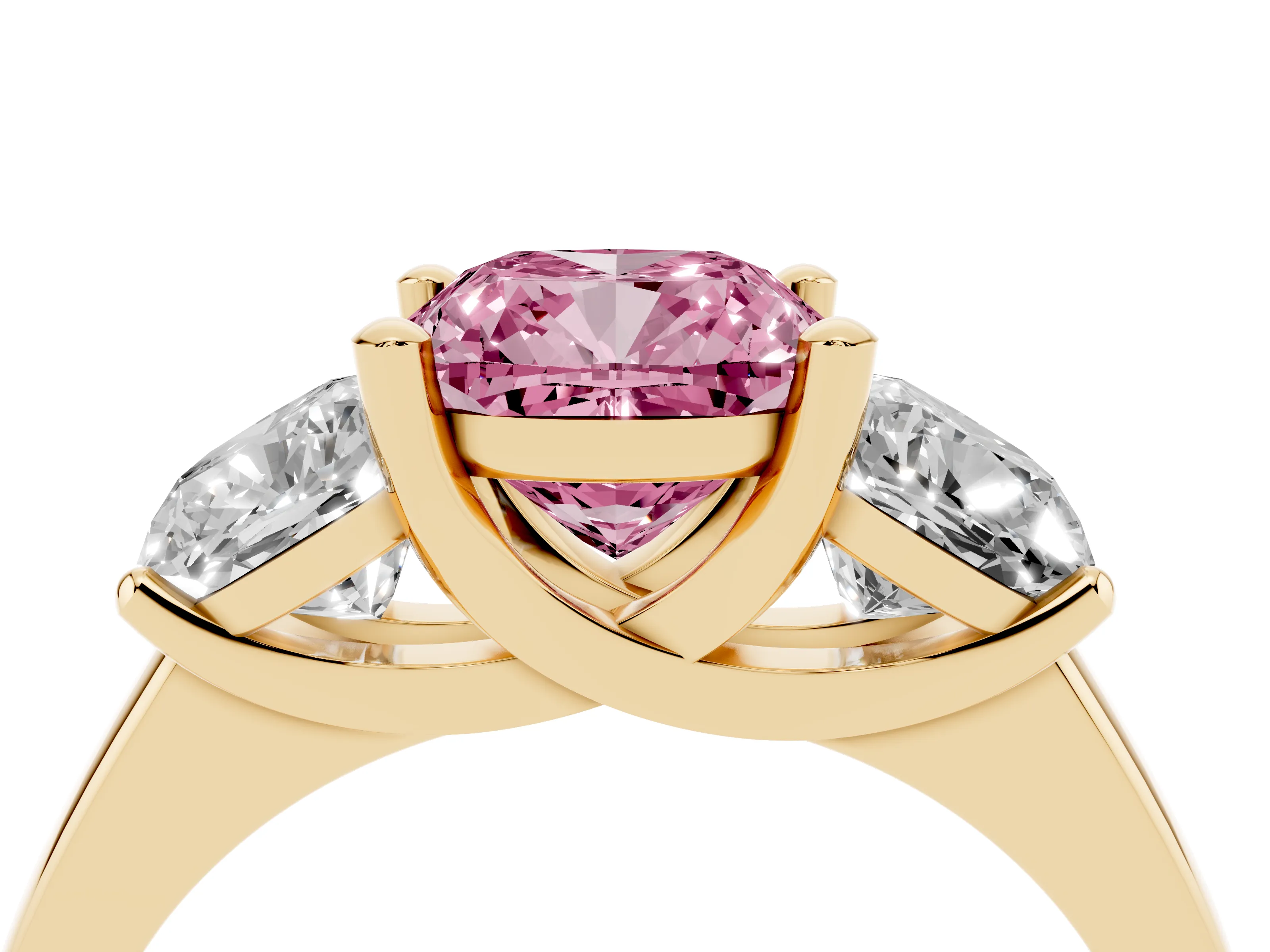 Fancy Pink Cushion Cut Diamond Three-Stone Ring Set in Yellow gold with Classic Prong Setting and Plain Band