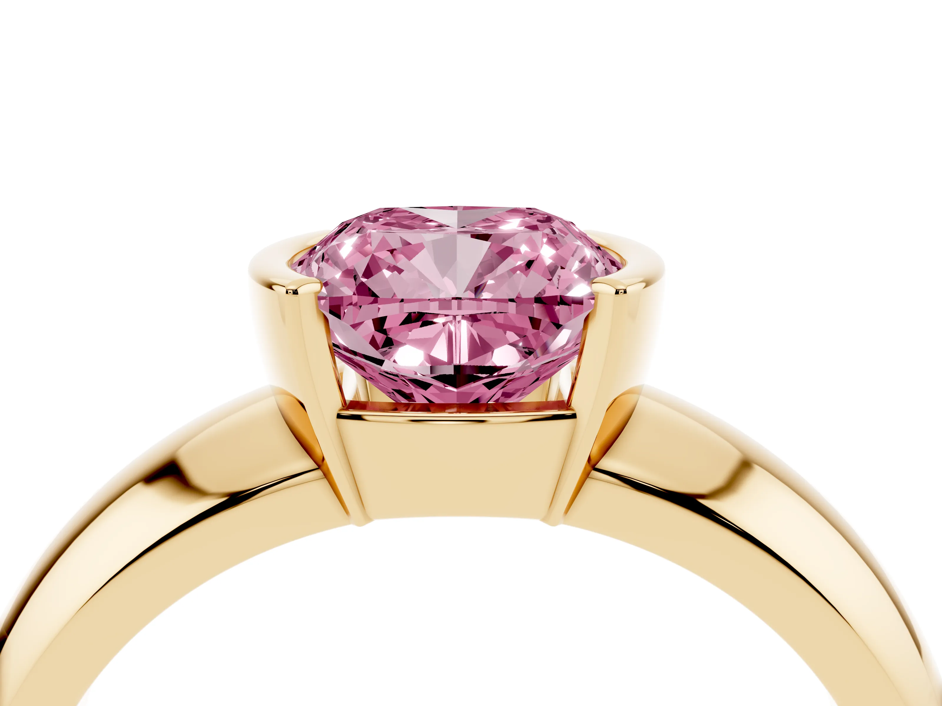 Fancy Pink Cushion Cut Diamond Solitaire Tension Set Ring Set in Yellow gold with Wide Band
