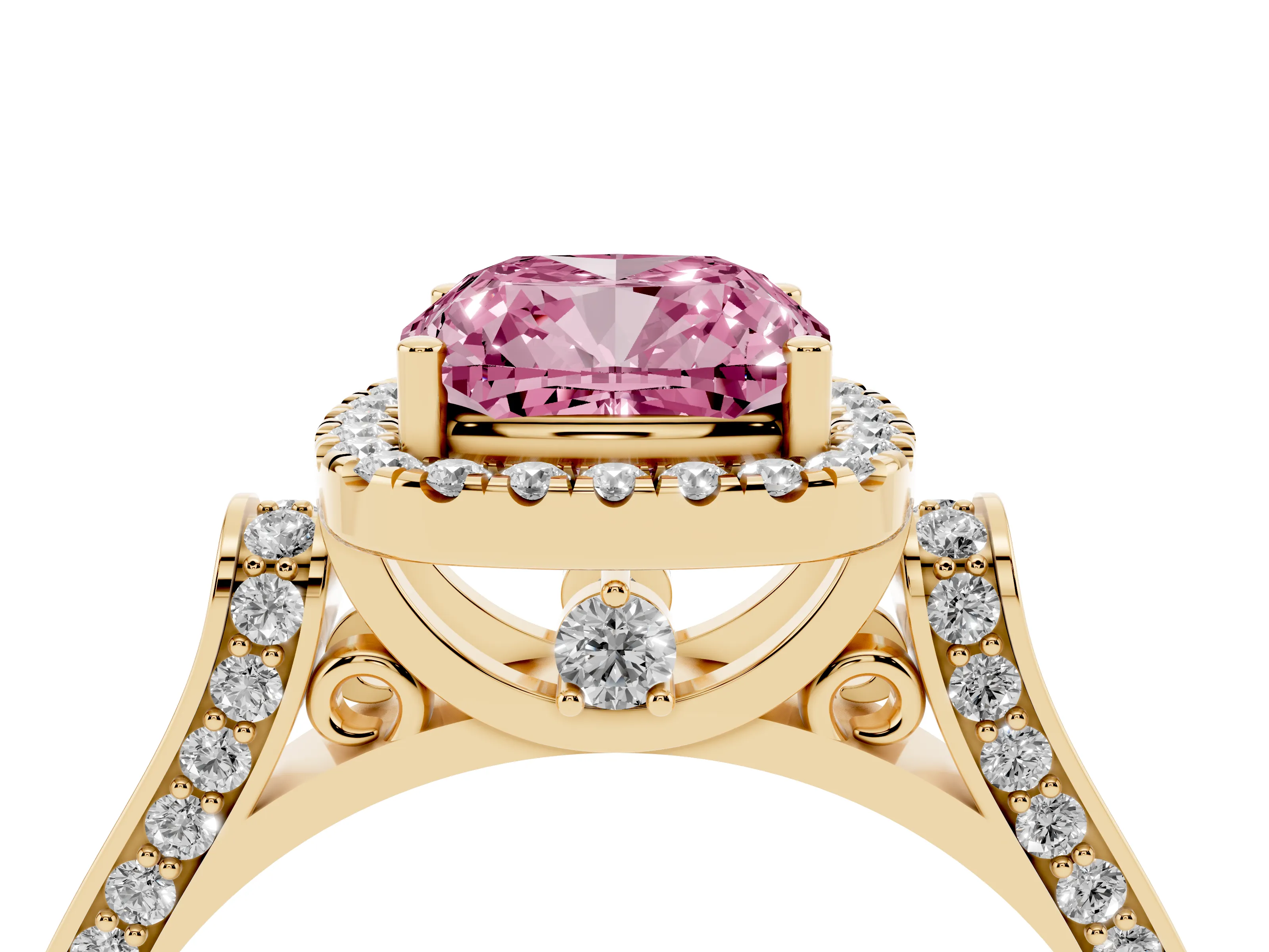 Fancy Pink Cushion Cut Diamond Halo Ring Set in Yellow gold with Pavé-Lined Split Shank Band