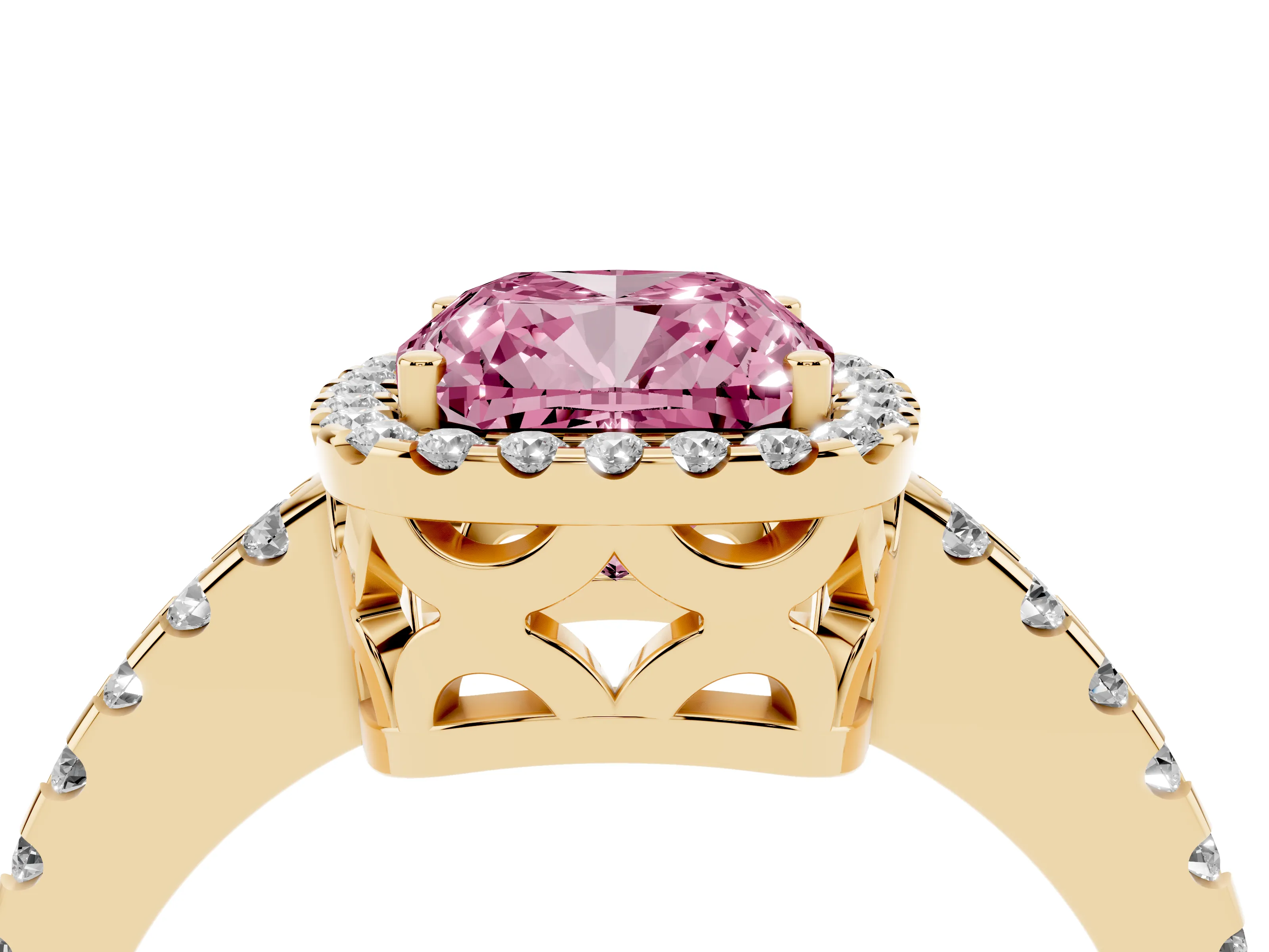 Fancy Pink Cushion Cut Diamond Halo Ring Set in Yellow gold with Pavé Shoulders and Halo-Framed Center