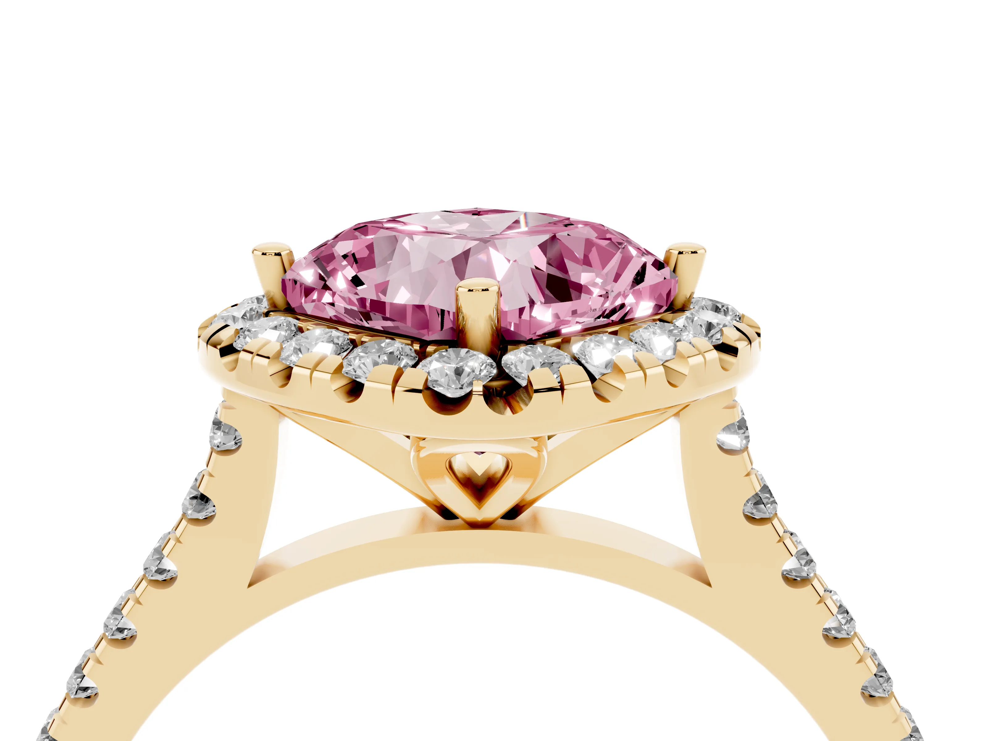 Fancy Pink Cushion Cut Diamond Cushion Halo Ring Set in Yellow gold with Pavé Band