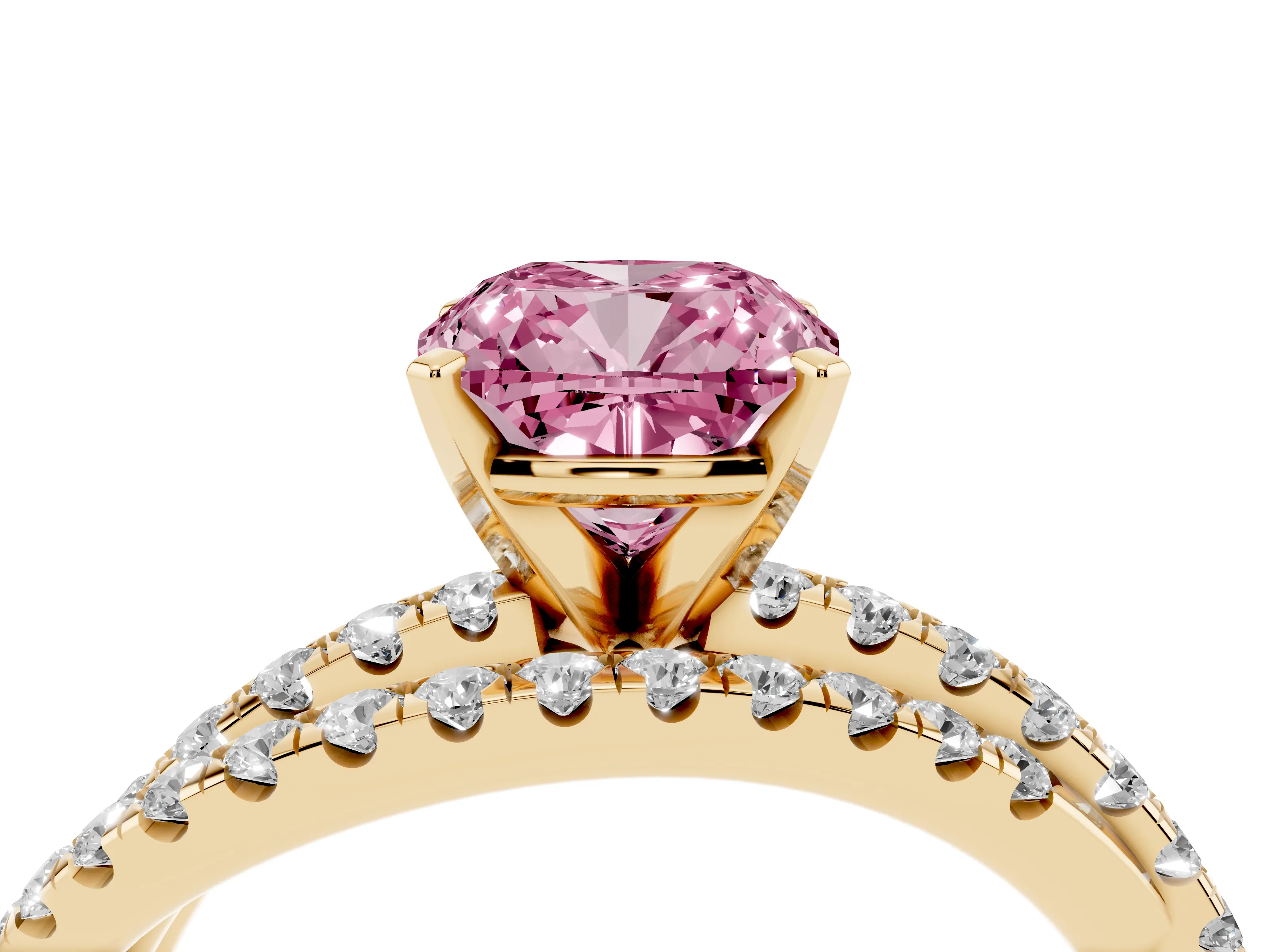 Fancy Pink Cushion Cut Diamond Solitaire Twist Band Ring Set in Yellow gold with Pavé Setting and Prong Head
