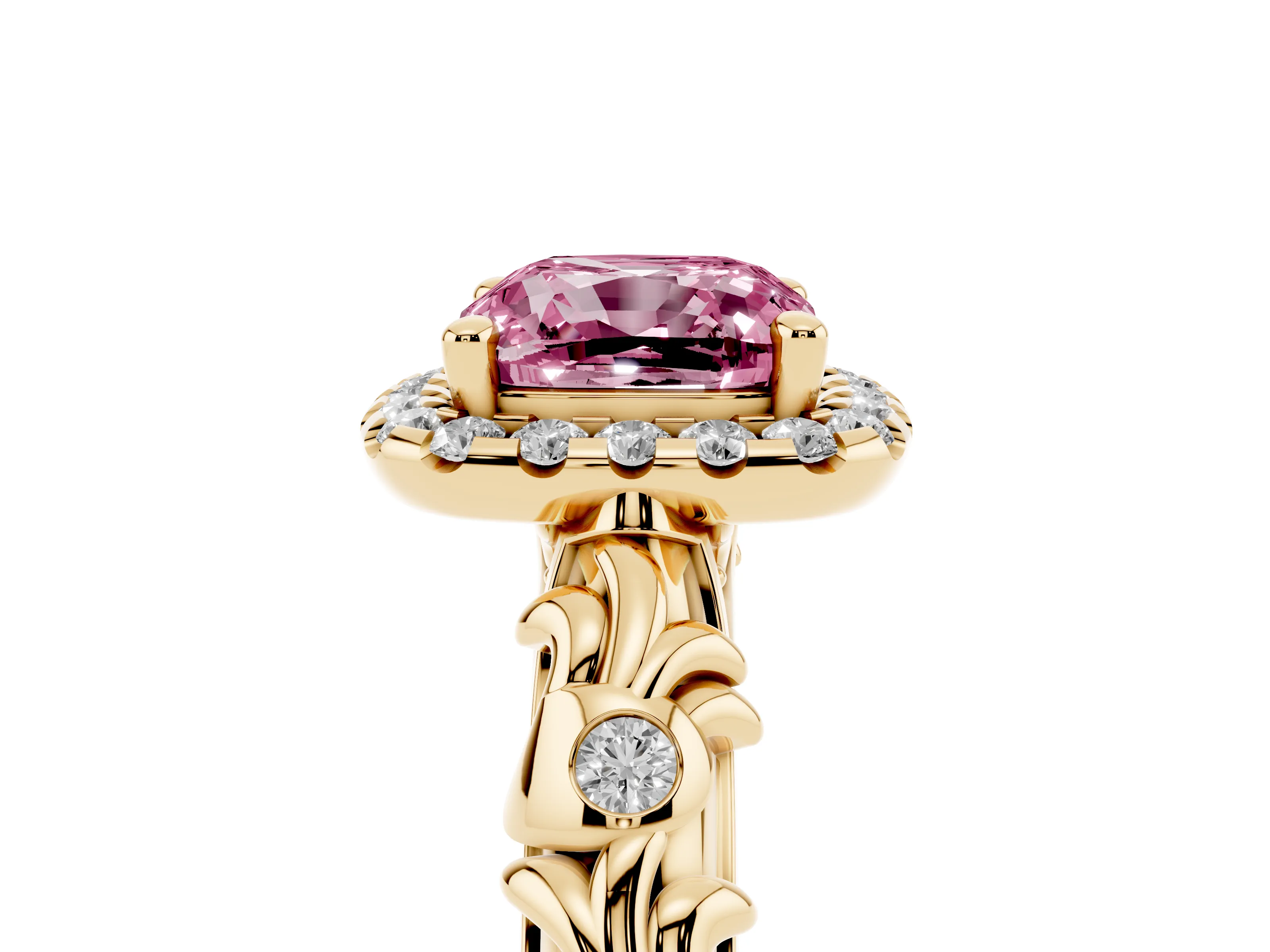 Fancy Pink Cushion Cut Diamond Halo Ring Set in Yellow gold with Filigree Leaf Band and Prong Setting